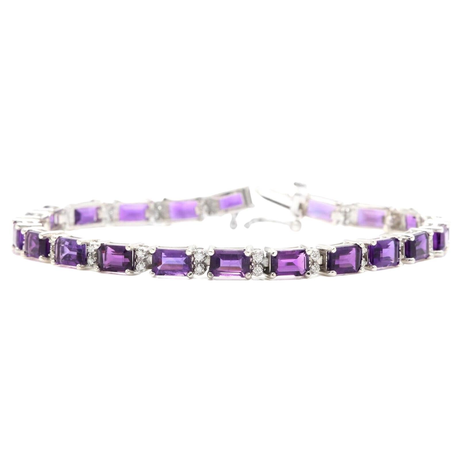 11.60 Carats Natural Amethyst & Diamond 14k Solid White Gold Bracelet