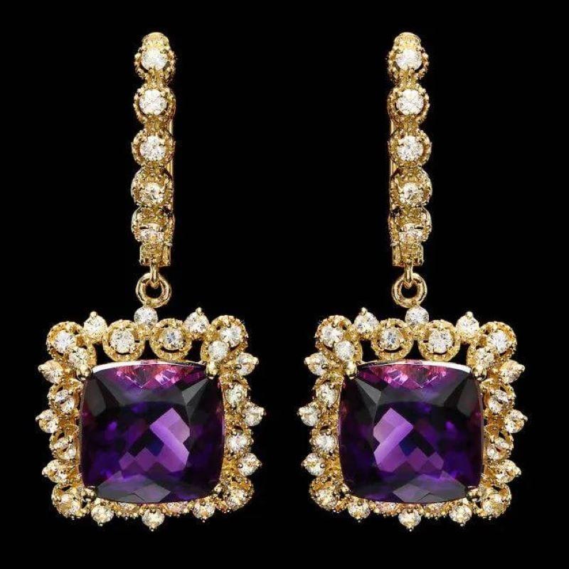 Mixed Cut 11.60ct Natural Amethyst and Diamond 14K Solid Yellow Gold Earrings For Sale
