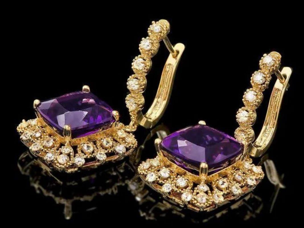 11.60ct Natural Amethyst and Diamond 14K Solid Yellow Gold Earrings In New Condition For Sale In Los Angeles, CA