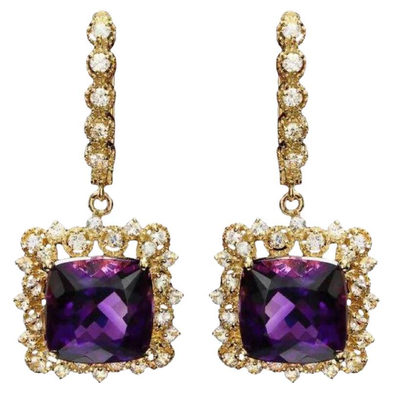 11.60ct Natural Amethyst and Diamond 14K Solid Yellow Gold Earrings For Sale