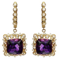 11.60ct Natural Amethyst and Diamond 14K Solid Yellow Gold Earrings