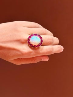 11.61 Carat Cabochon Opal and Ruby Cocktail Ring with Diamonds