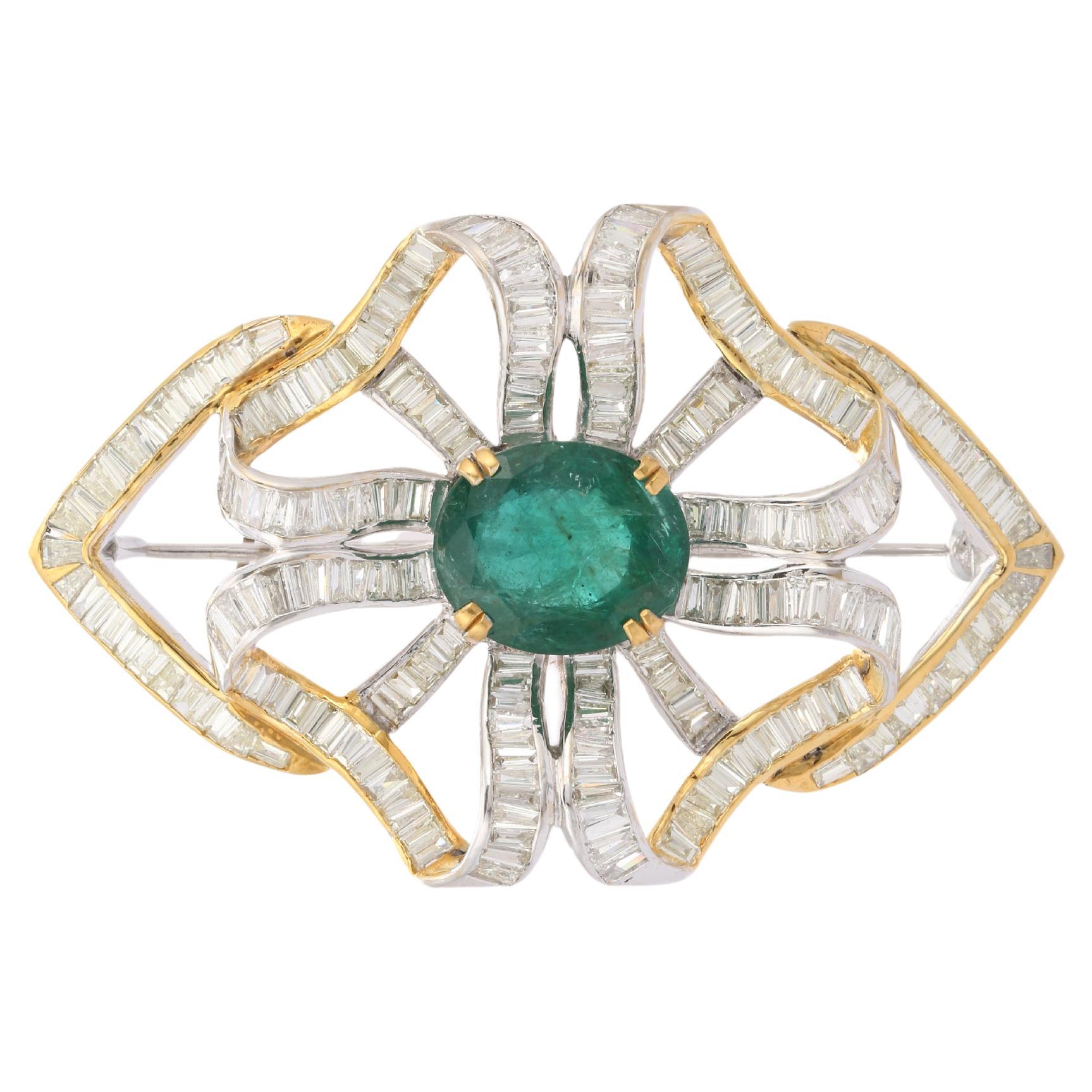 11.61 CTW Emerald and 8.82 CTW Diamond Bow Brooch in 18k Solid White Gold