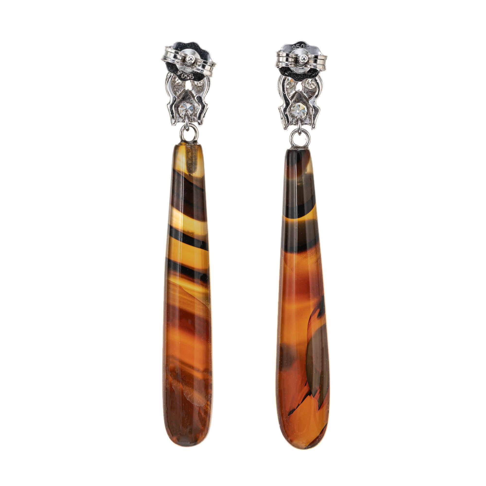 Round Cut 11.62 Carat Banded Agate Diamond Platinum Dangle Earrings For Sale