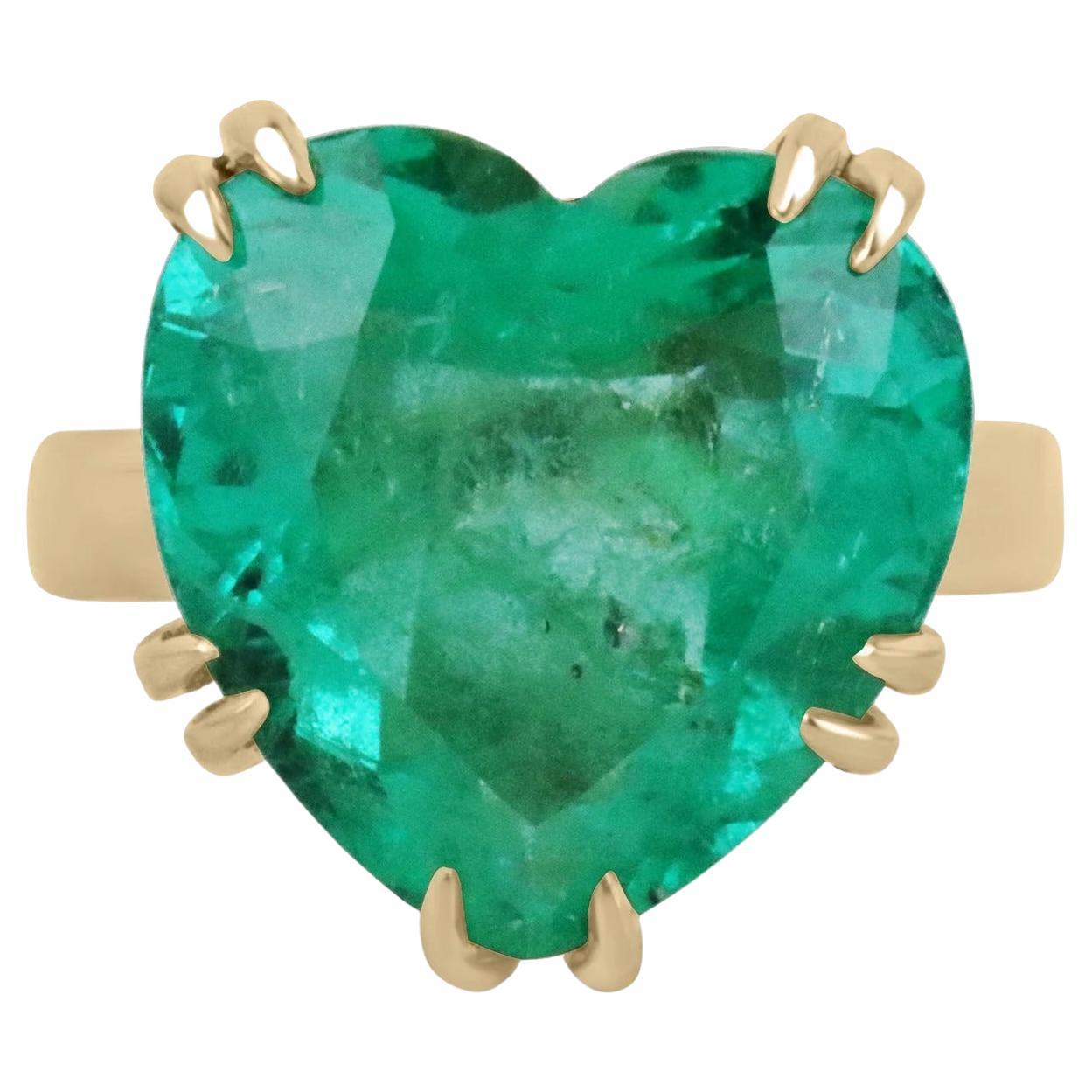 11.62 Carat Colombian Emerald-Heart Cut Solitaire Gold Ring 18K 