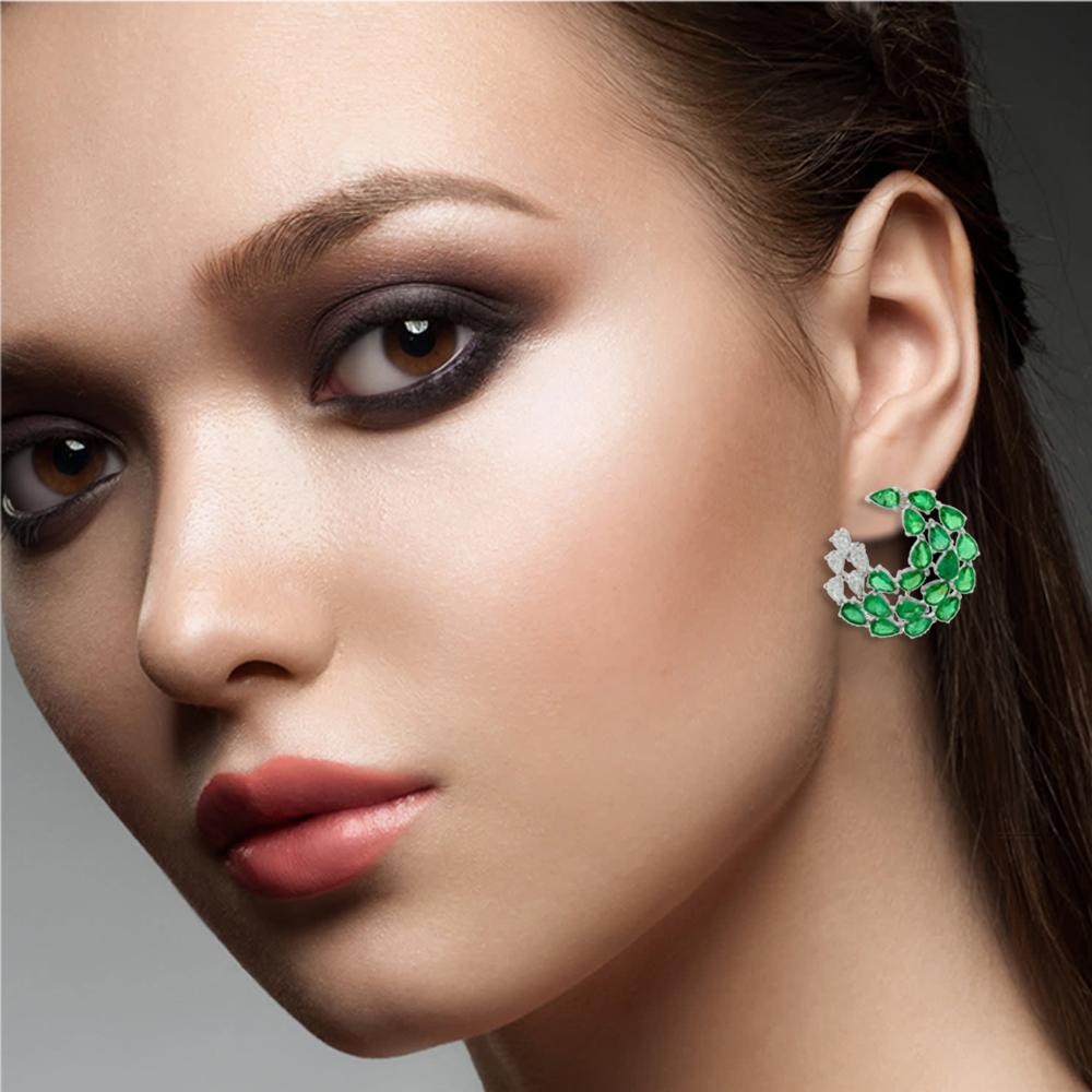 Mixed Cut 11.62 Carats Zambian Emerald Diamond 14 Karat White Gold Earrings For Sale