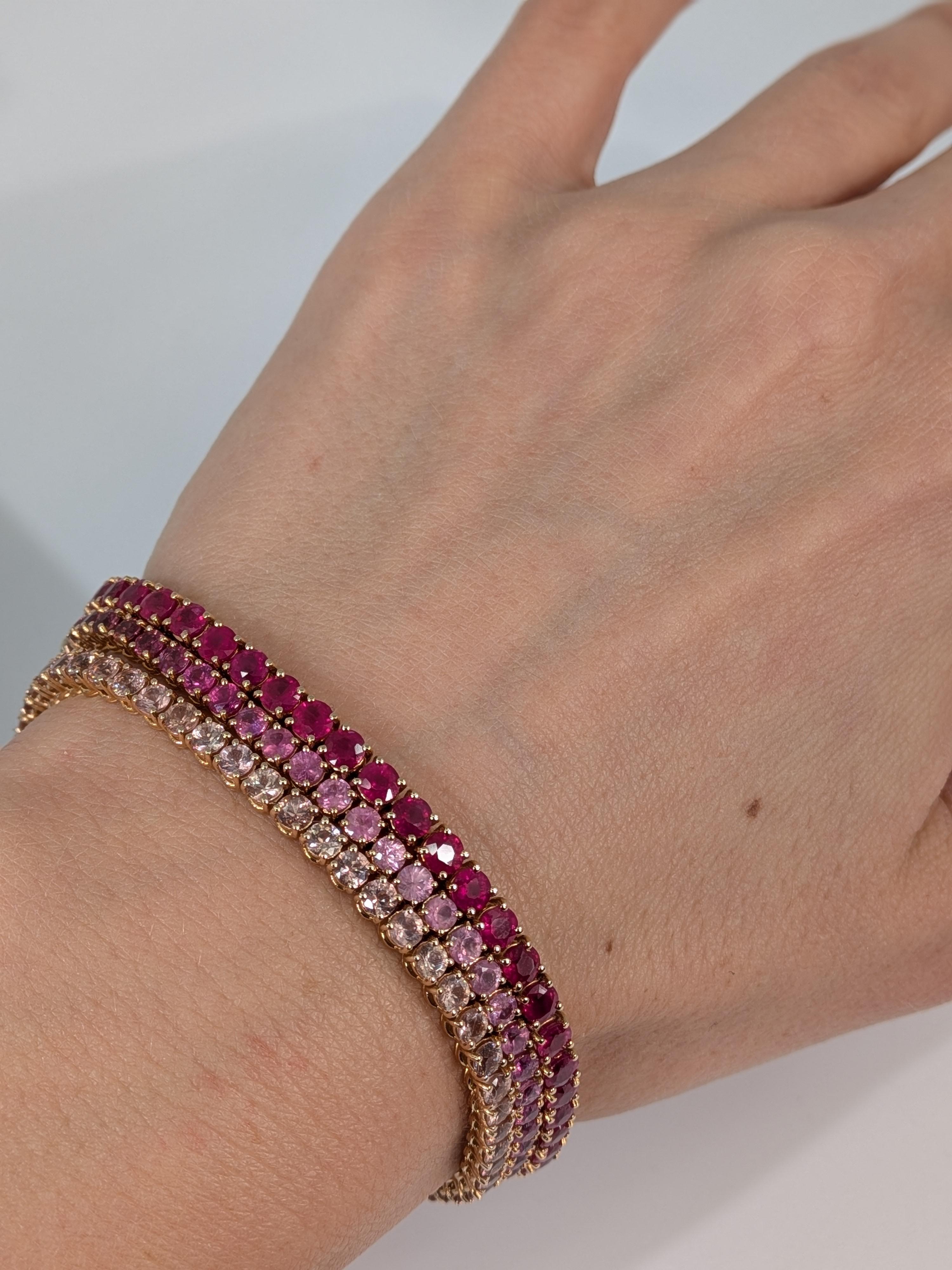 11.62ct Pink Natural Ruby Tennis Bracelet in 18k 750 Rose Gold 19.5cm x 3.4mm en venta 5