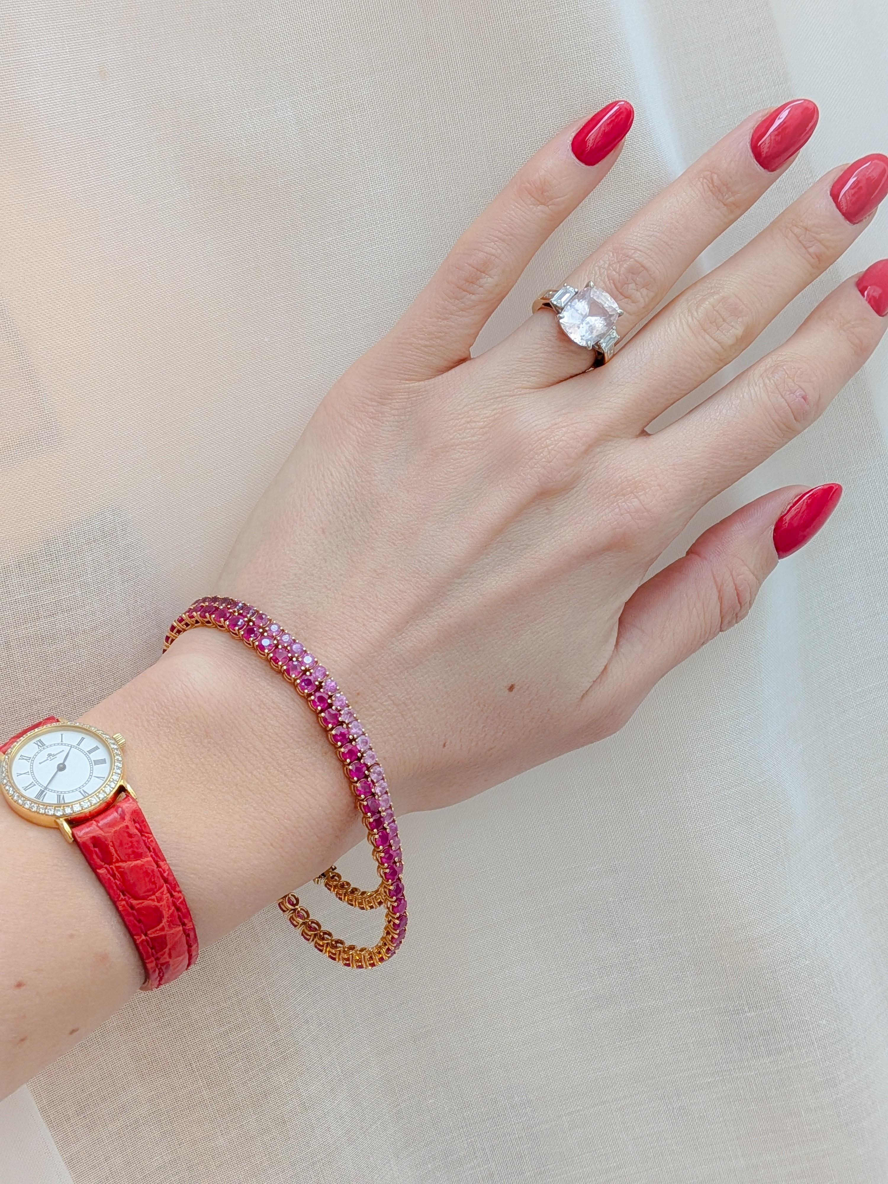 11.62 carat pink natural ruby tennis bracelet in 18k 750 rose gold, featuring a classic silhouette with vibrant rubies, exceptional color consistency and refined MXHM craftsmanship.

This exceptional MXHM tennis bracelet showcases 11.62 carats of