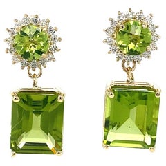 11.63 Carat Emerald Cut Peridot Diamond Yellow Gold Drop Earrings