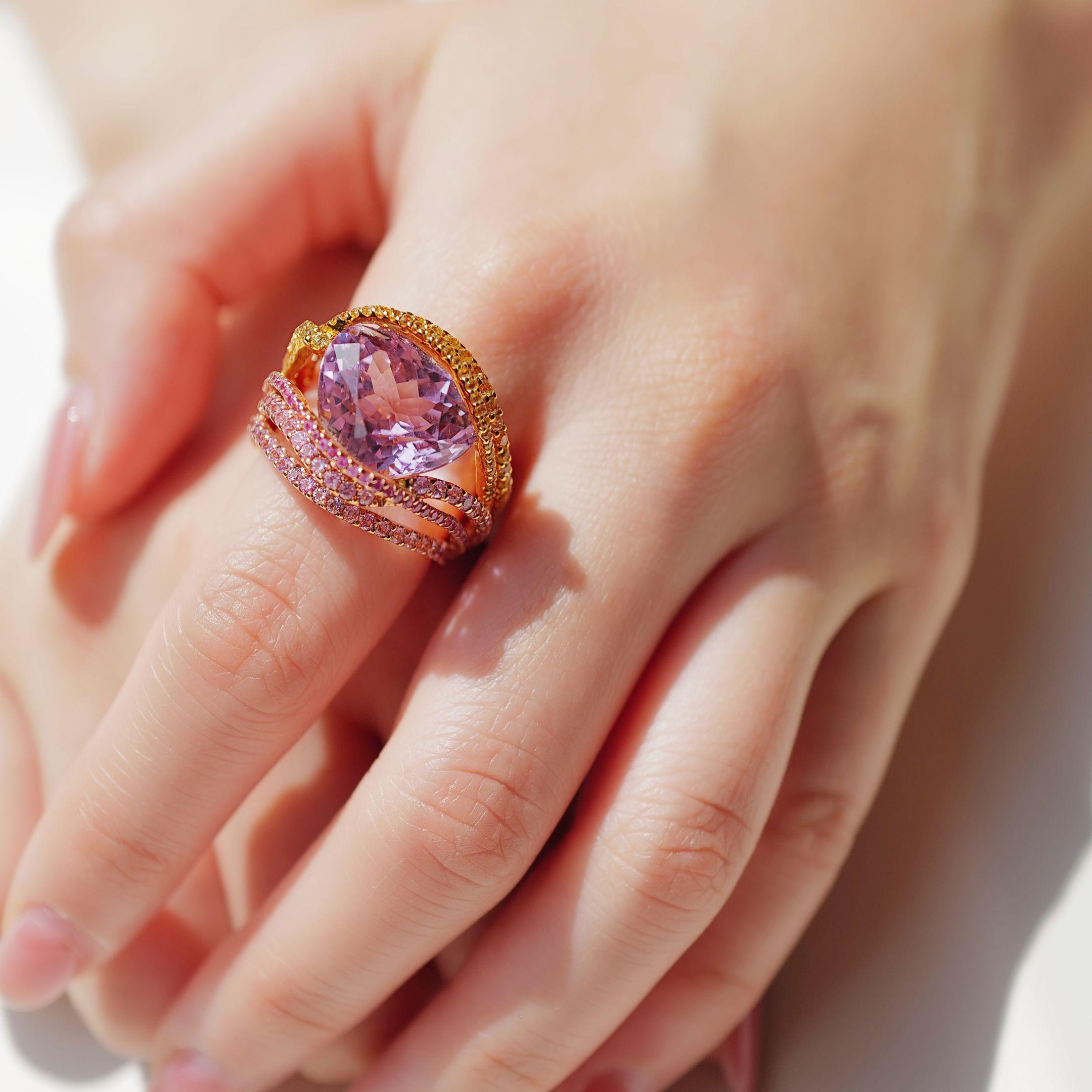 Women's 11.63 Carat Kunzite Ring surrounded by Pink and Yellow Sapphire Strands