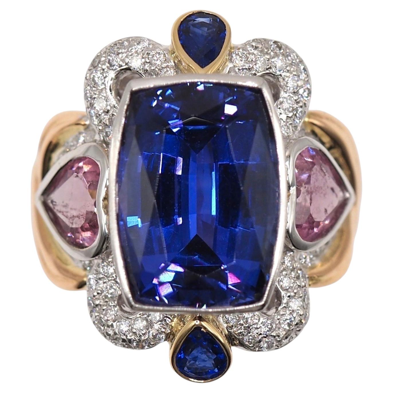 Ring aus Platin und 18-karätigem Gold mit einem 11,63-Karat-Tansanit, Saphir und Diamanten