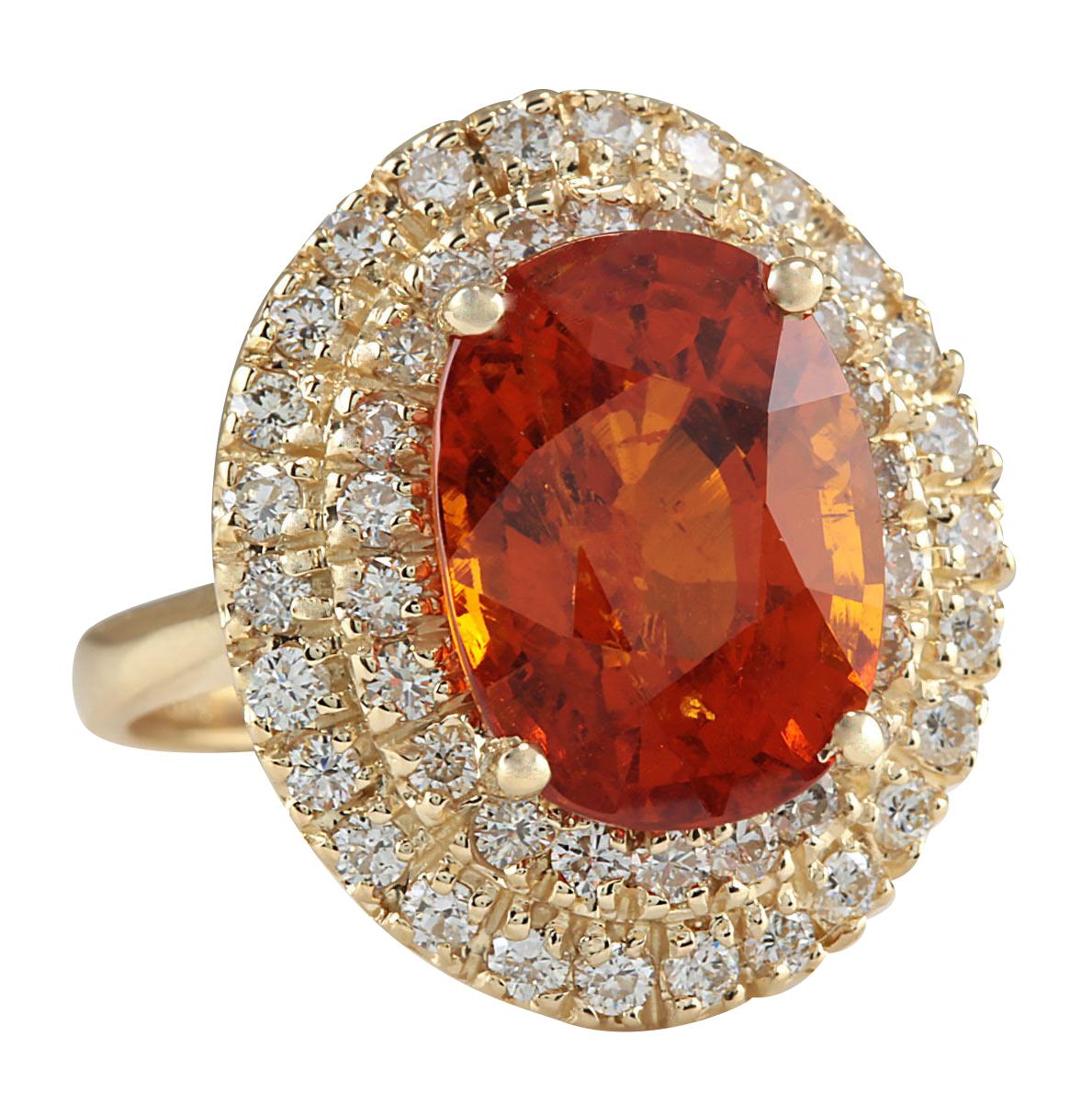 Stamped: 18K Yellow Gold<br />Total Ring Weight: 5.0 Grams<br />Ring Length: N/A<br />Ring Width: N/A<br />Gemstone Weight: Total  Mandarin Garnet Weight is 10.34 Carat (Measures: 14.35x10.77 mm)<br />Color: Orange<br />Diamond Weight: Total 