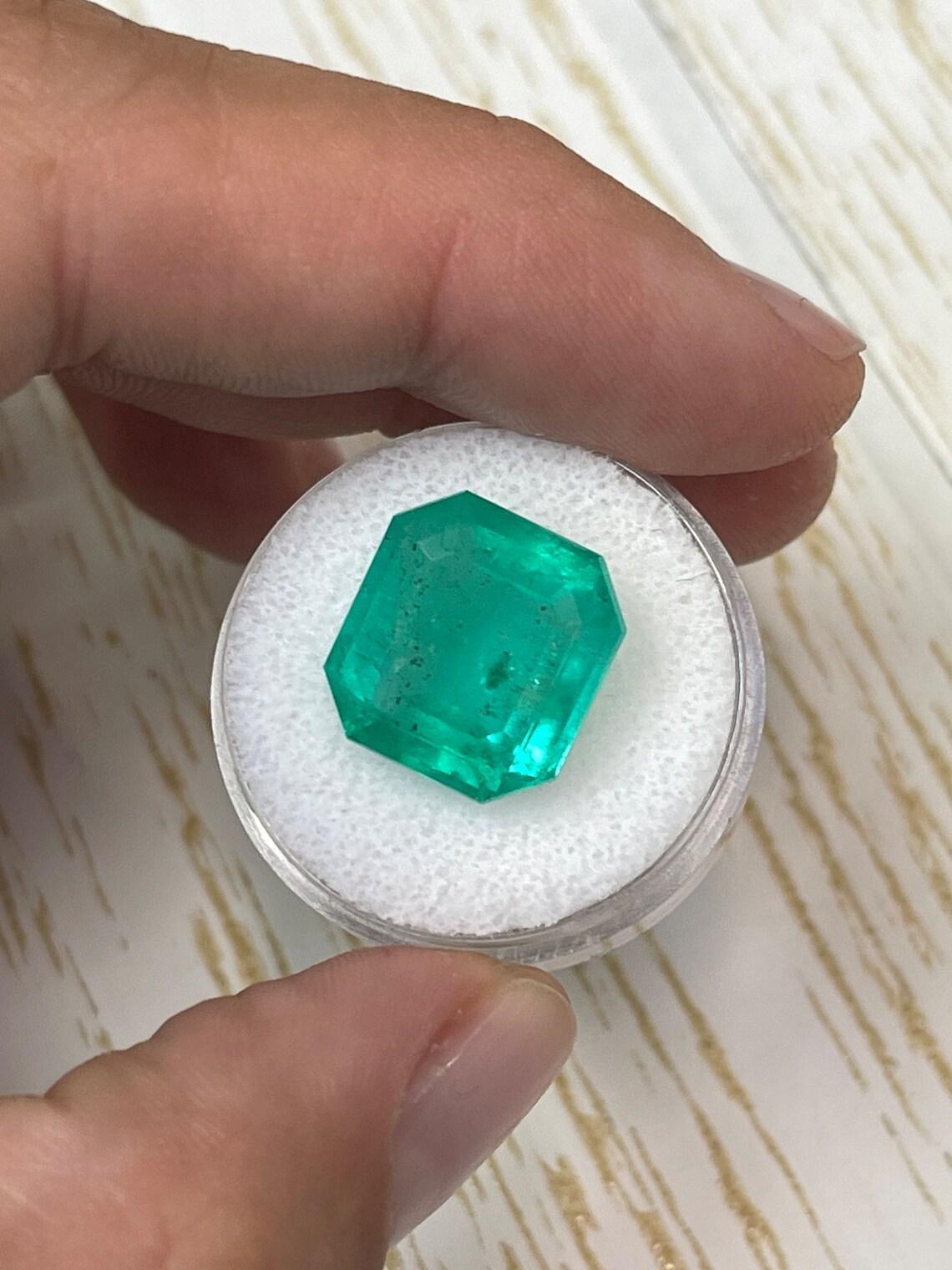 11.64ct Earthy Green Asscher Cut Colombian Gem 14x14 Genuine May Birthstone In New Condition For Sale In Jupiter, FL