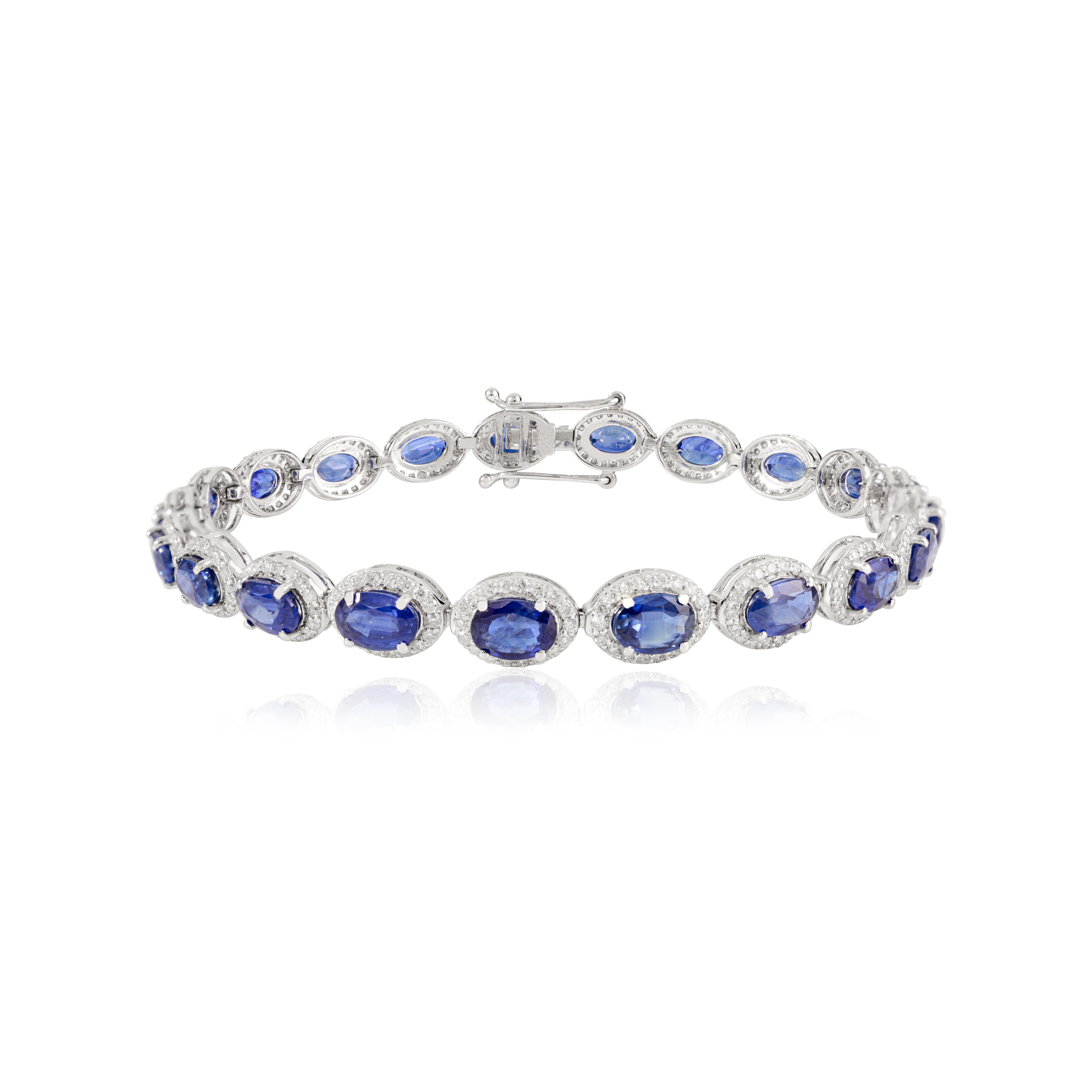 Bracciale tennis con zaffiro blu naturale e diamante aureolato da 11,65 carati, oro bianco 18 carati In condizioni Nuovo in vendita a New York, NY