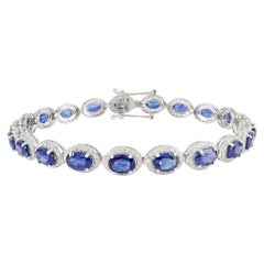 Bracciale tennis con zaffiro blu naturale e diamante aureolato da 11,65 carati, oro bianco 18 carati