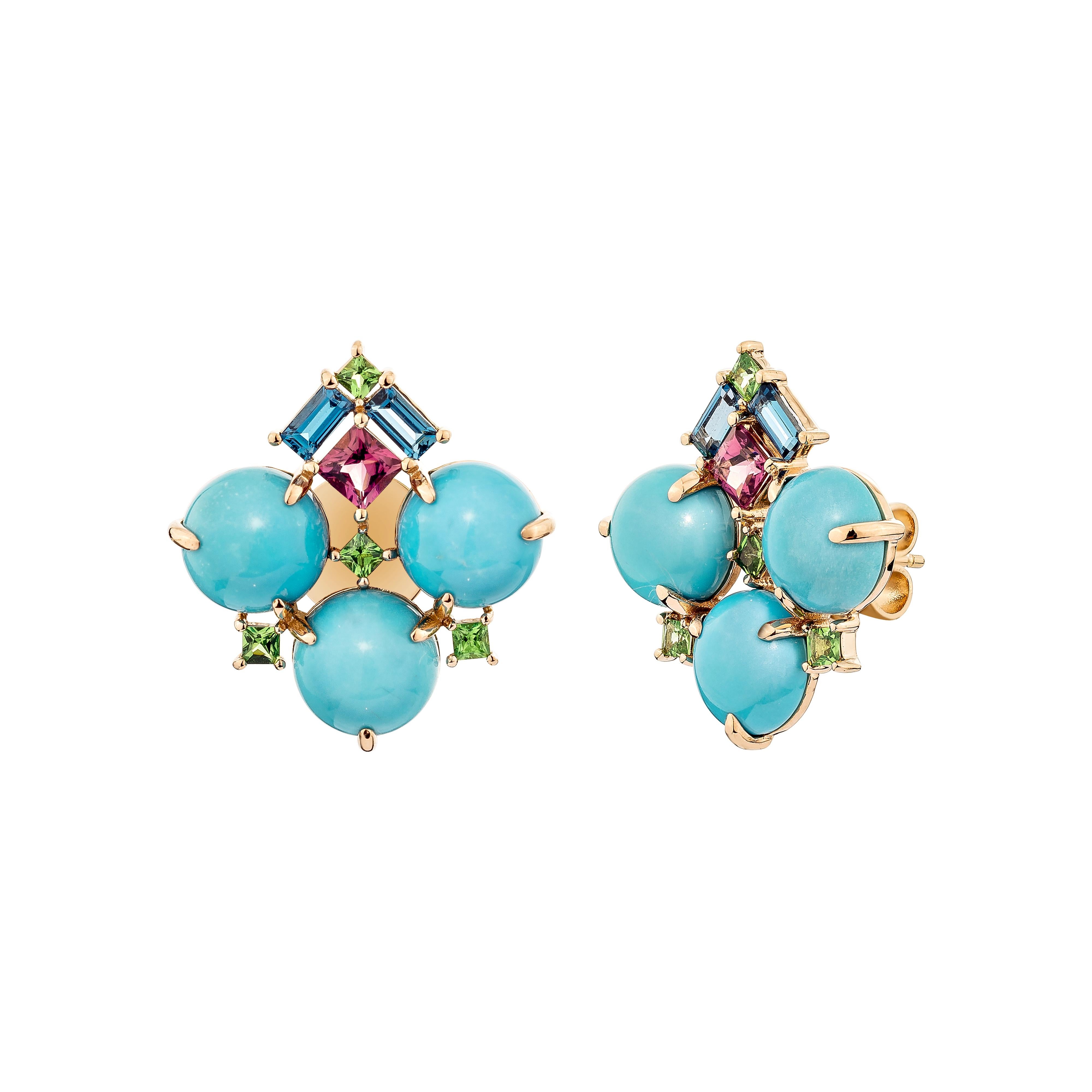 Presents a Turquoise earring in a round briolette cuts. These earrings exemplify the style and elegance that modern women wish to display. Crafted in rose gold these stud earrings are accented with Pink Tourmaline, London Blue Topaz and