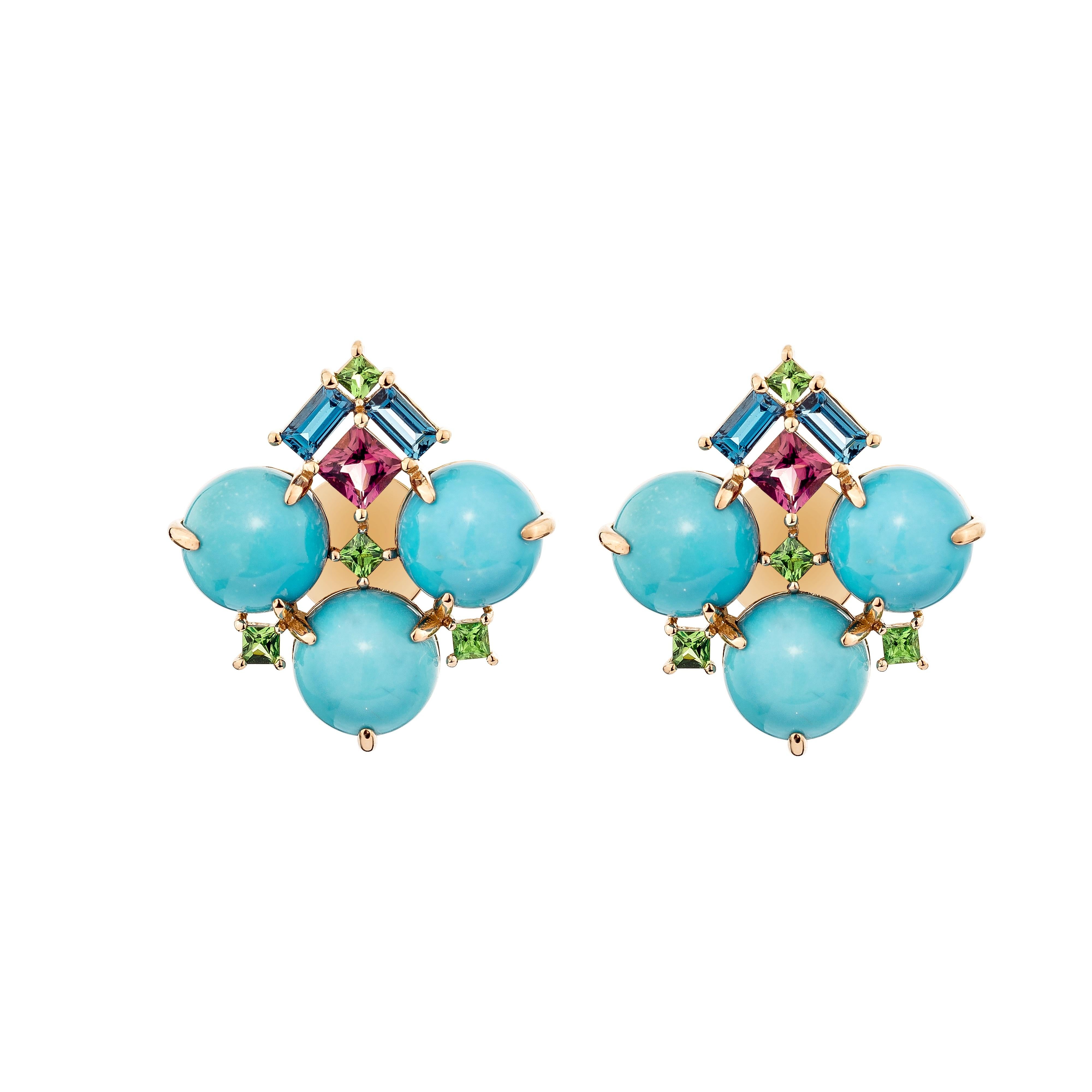 Contemporary 11.65 Carat Turquoise Stud Earring in 18Karat Rose Gold with Multi gemstone. For Sale