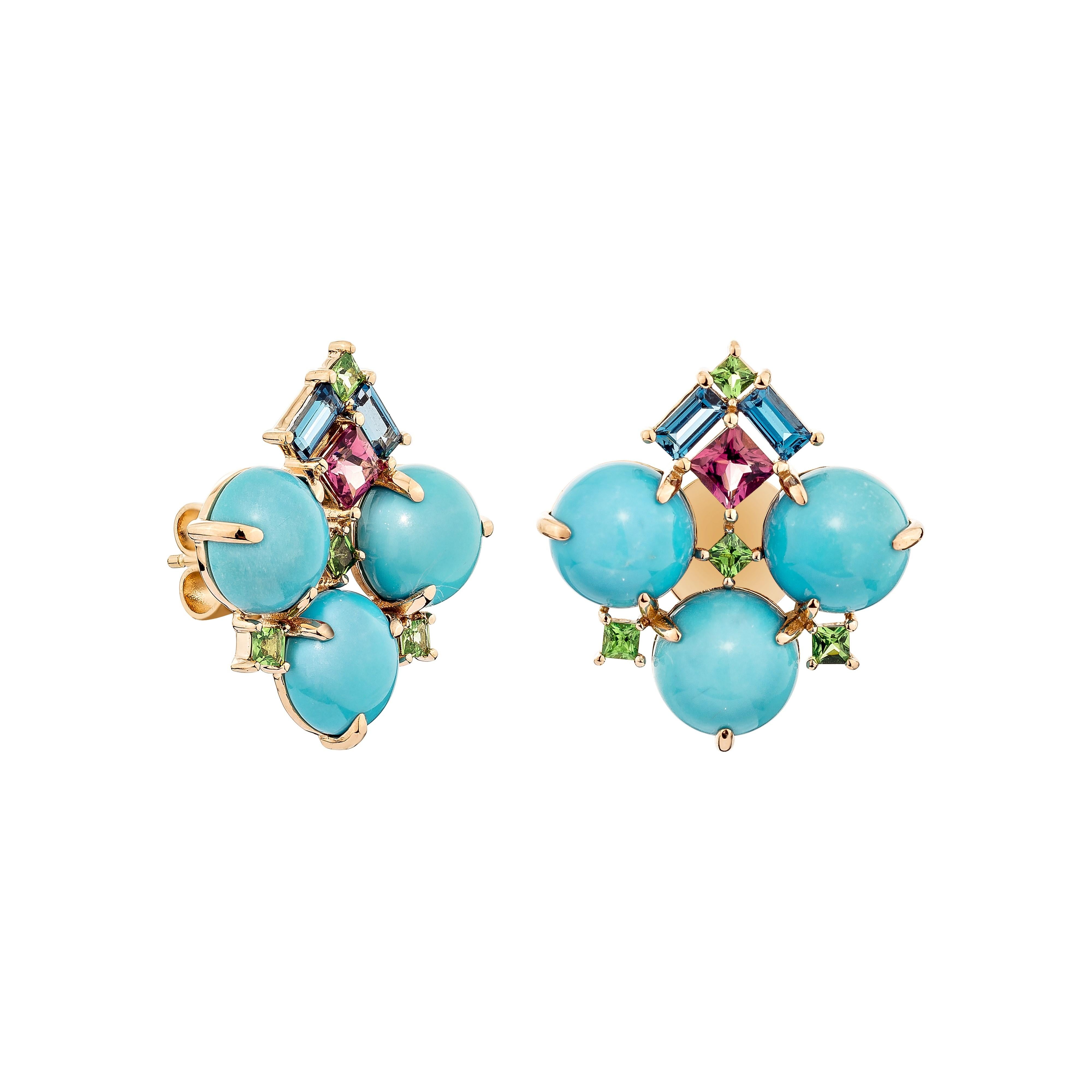 Round Cut 11.65 Carat Turquoise Stud Earring in 18Karat Rose Gold with Multi gemstone. For Sale