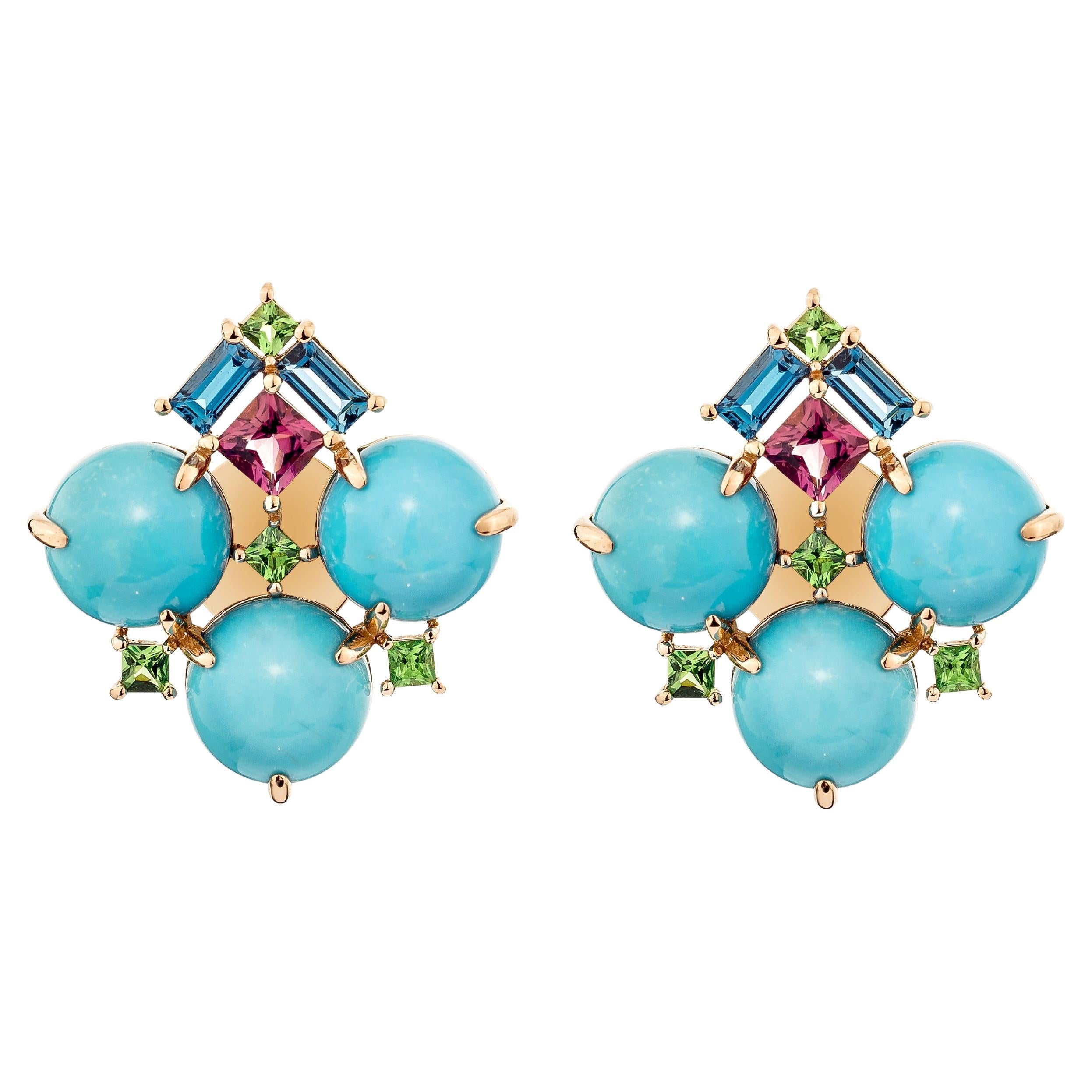 11.65 Carat Turquoise Stud Earring in 18Karat Rose Gold with Multi gemstone. For Sale