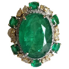 11.65 Carats, Natural Zambian Emerald & Yellow Diamonds Engagement Ring