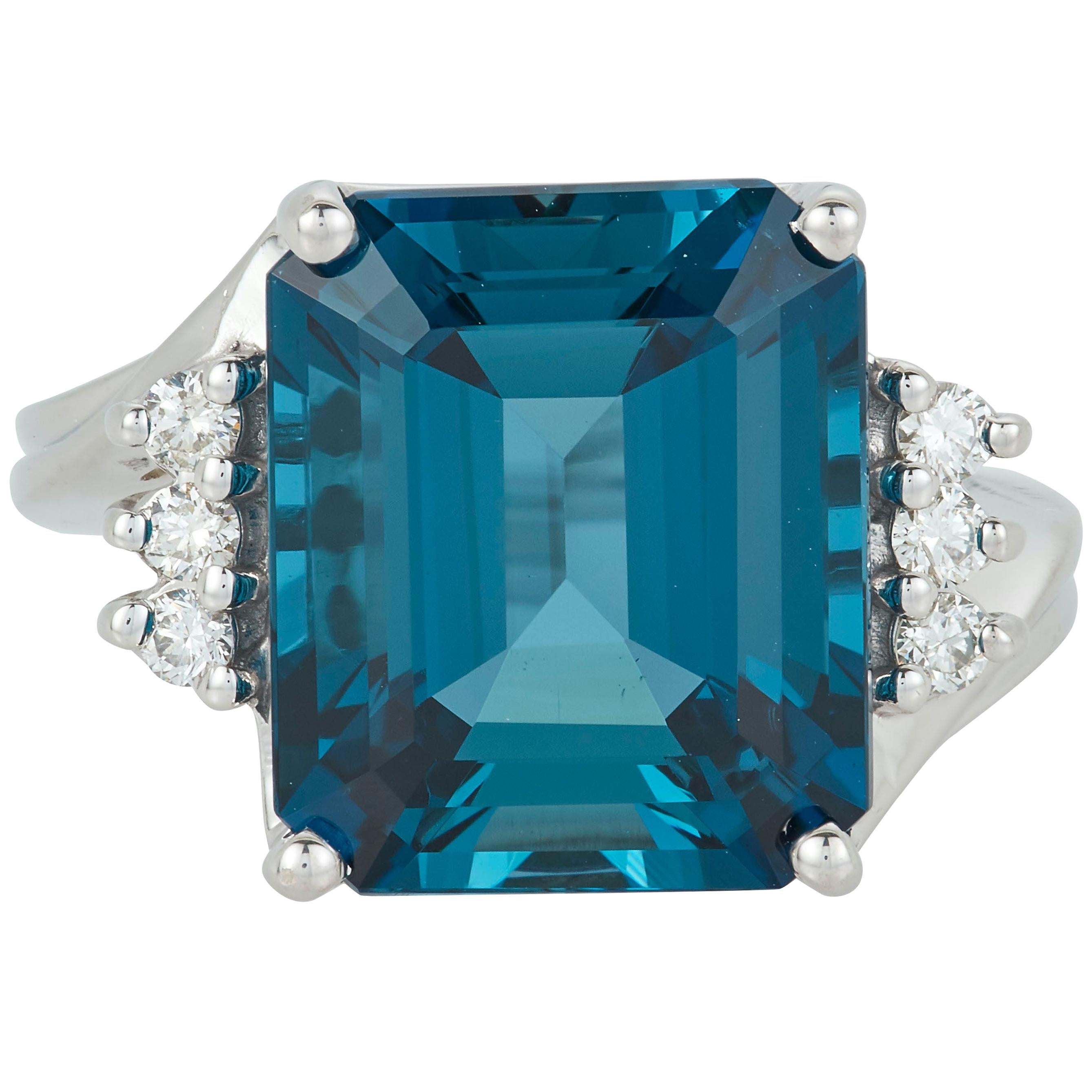 11.66 Carat Emerald Cut Blue Topaz Diamond Fashion Statement Ring 14 Karat Gold