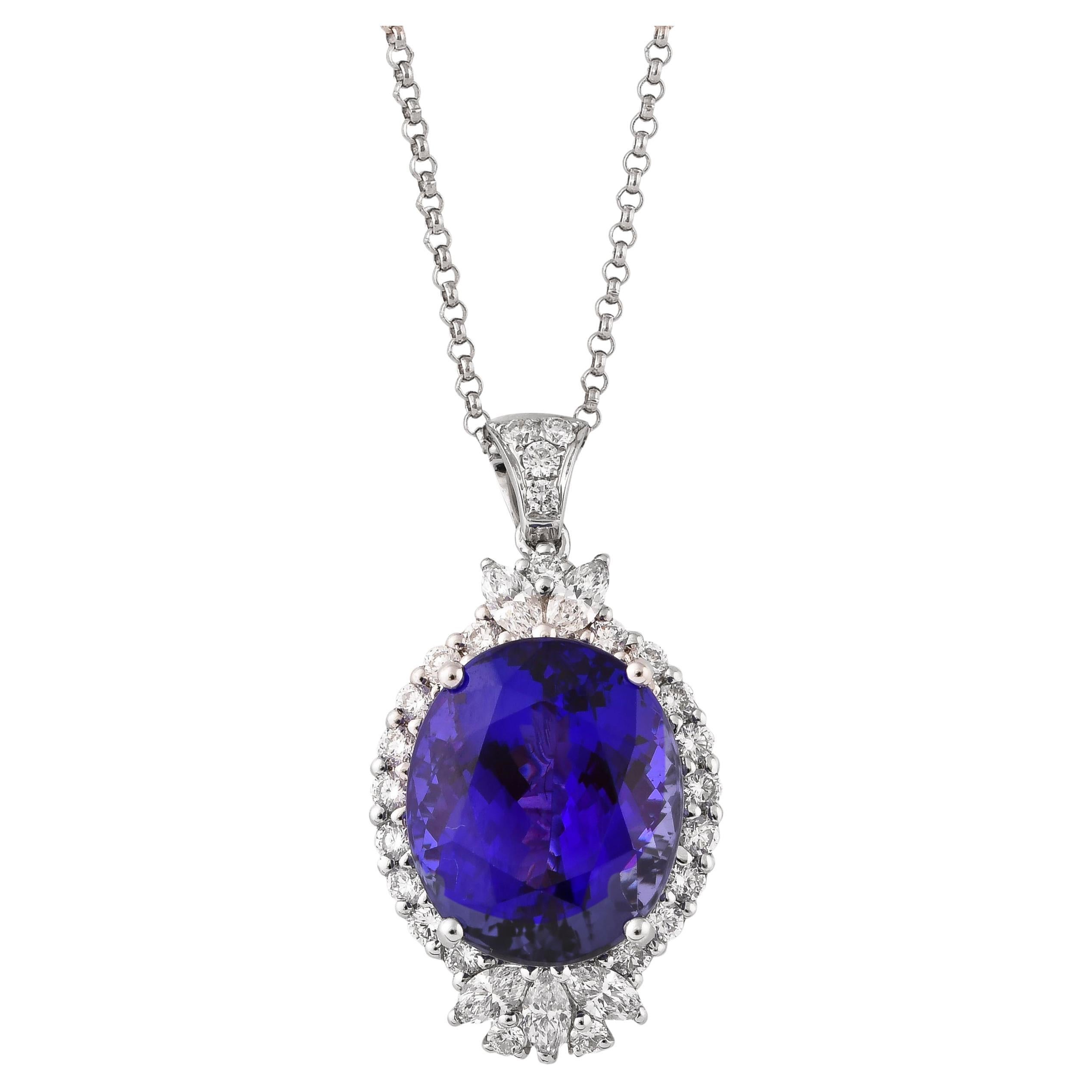 11.66 Carat Tanzanite Pendant in 18 Karat White Gold with Diamond For Sale