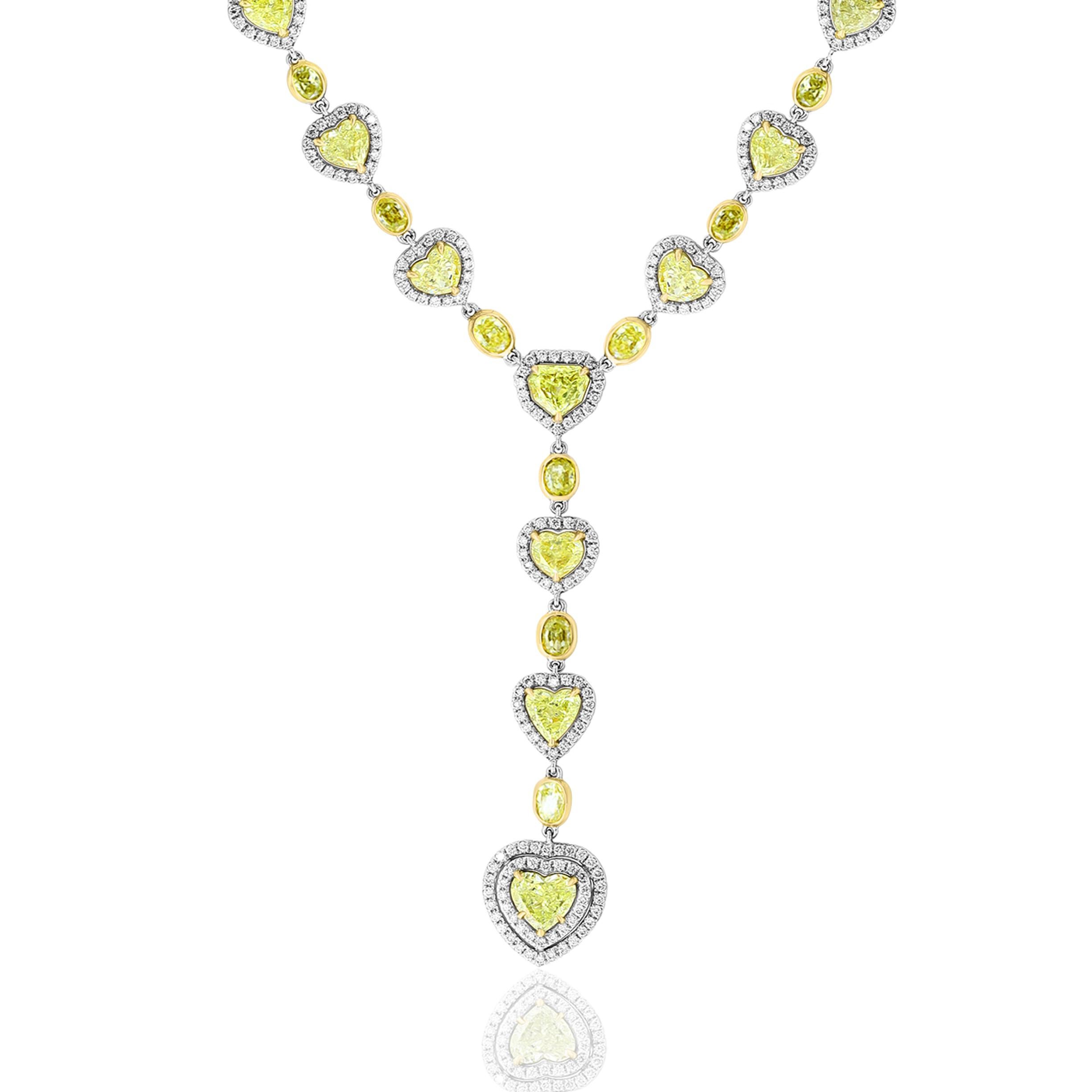 Modern 11.66 Carats Mixed Shape Fancy Yellow Diamond Necklace in 18k Two Tone Gold For Sale