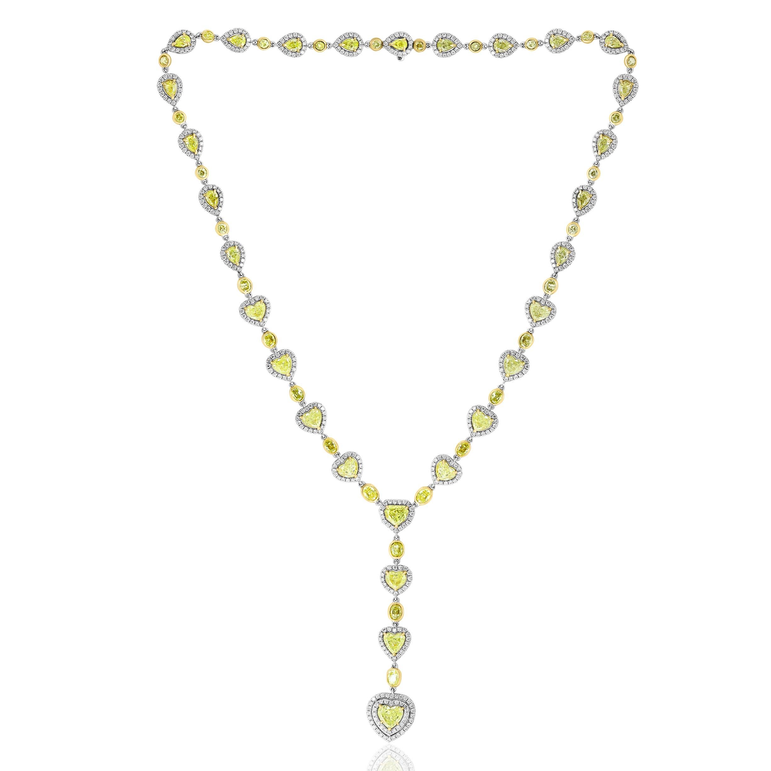 Mixed Cut 11.66 Carats Mixed Shape Fancy Yellow Diamond Necklace in 18k Two Tone Gold For Sale