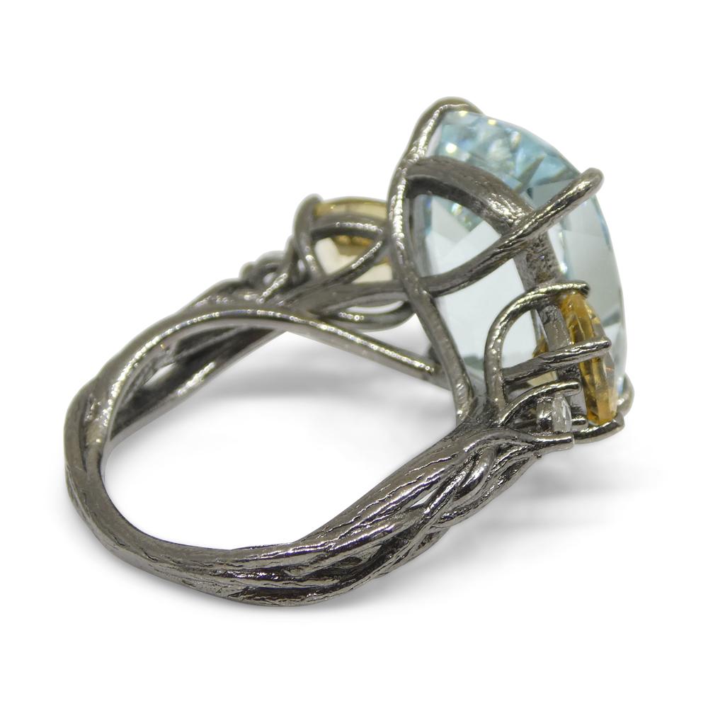 11.67ct Aquamarine, Heliodor & Diamond Vine Ring set in 14k Black Gold For Sale 3
