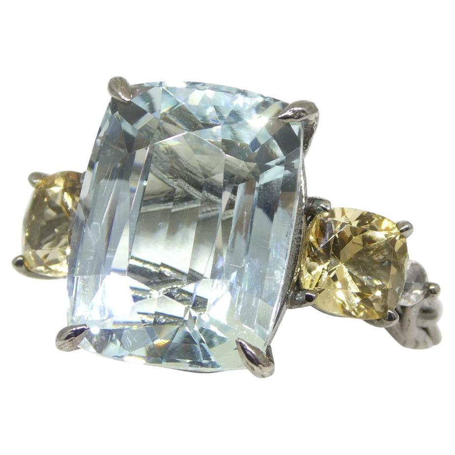 This is a stunning Aquamarine Ring, set with heliodor and diamonds in an 14k black gold setting. 

 Gem Type: Aquamarine
Number of Stones: 1
Weight: 11.67 cts
Measurements: 15.43 x 11.80 x 9.00 mm
Shape: Cushion
Cutting Style Crown: Brilliant