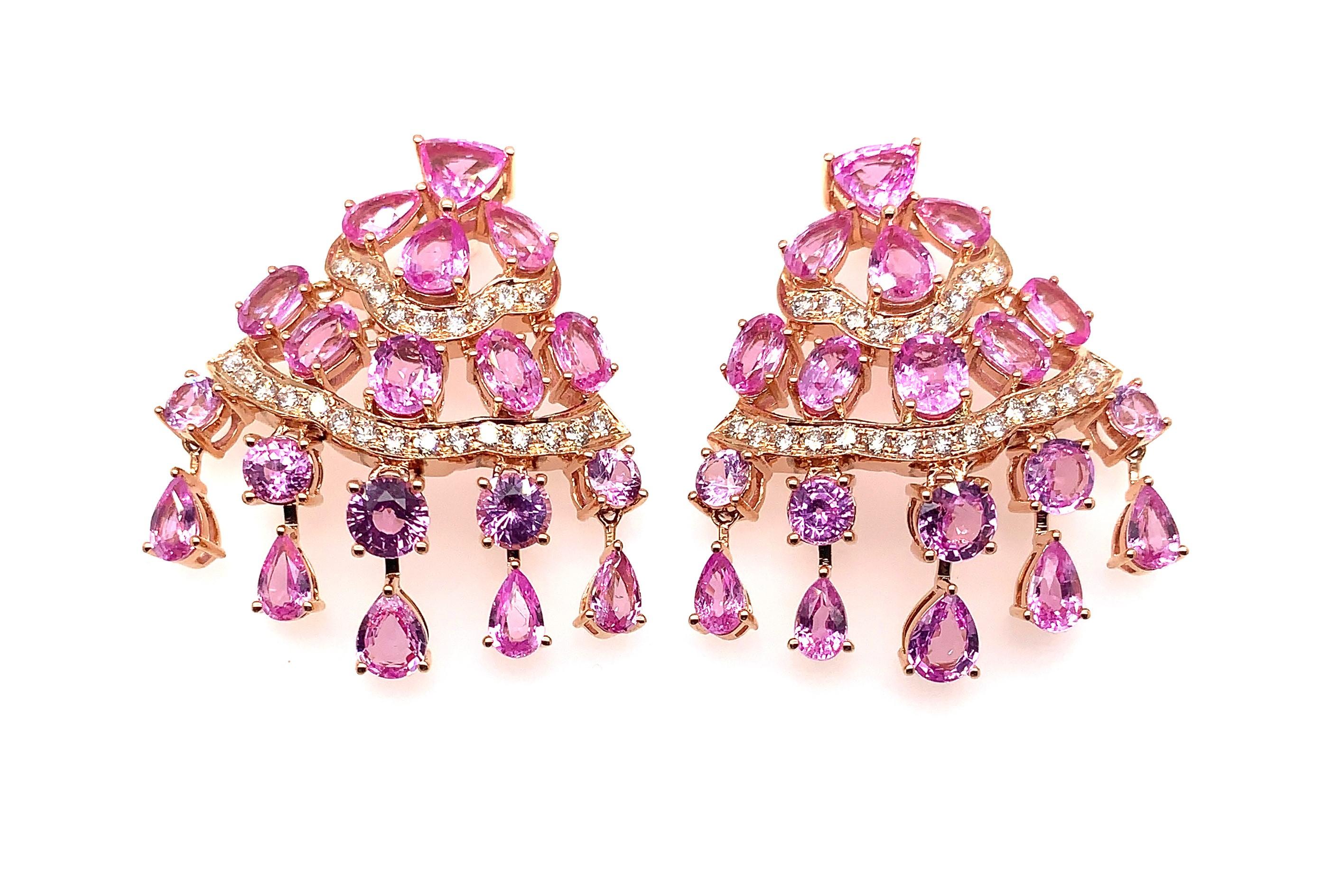 Sunita Nahata presents an exclusive collection of pink sapphire earrings. This particular earring showcases dangling sapphires and diamonds, and is constructed to fall elegantly on the wearer. 

Designer pink sapphire earring in 18K rose gold with