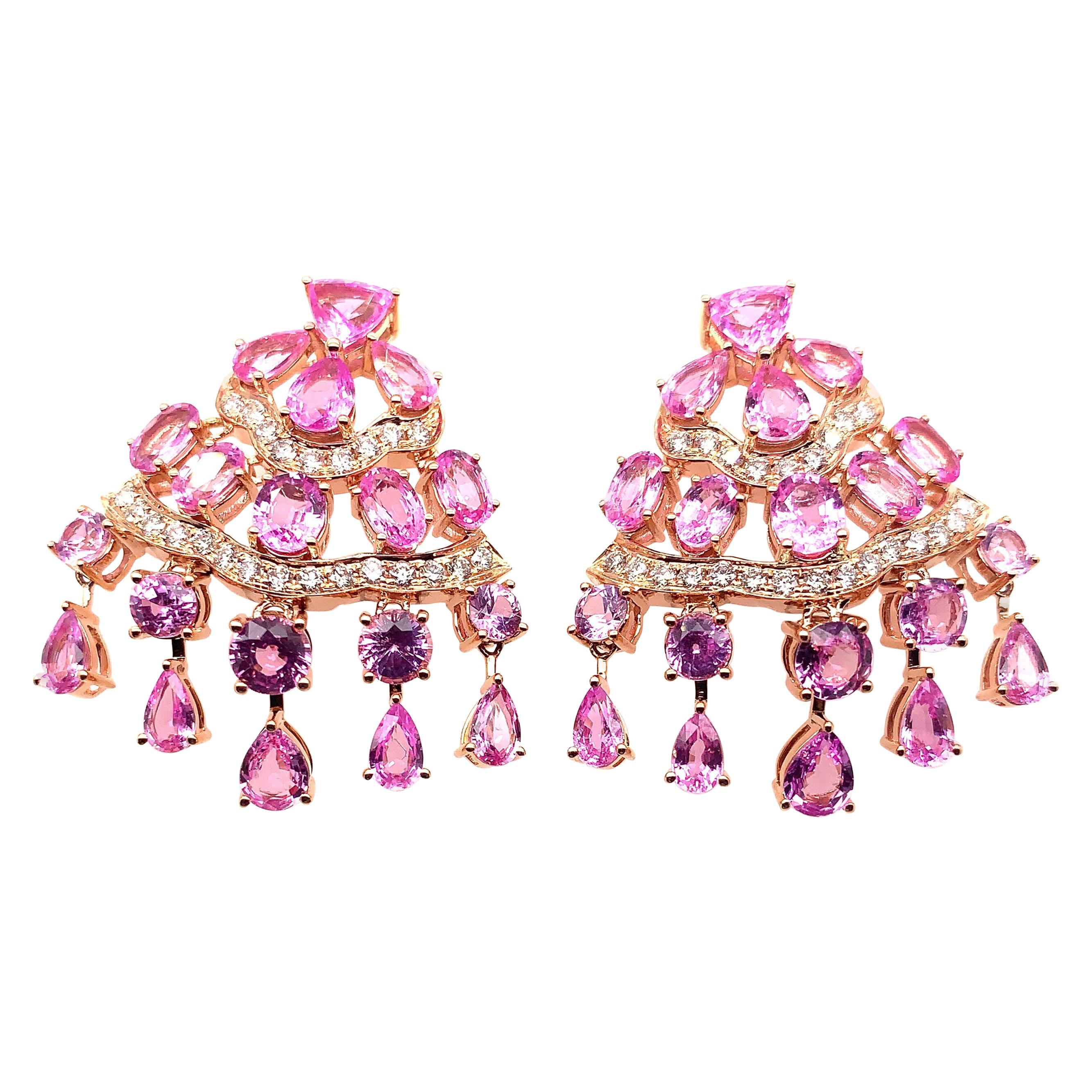 11.68 Carat Pink Sapphire Earring in 18 Karat Rose Gold with Diamonds