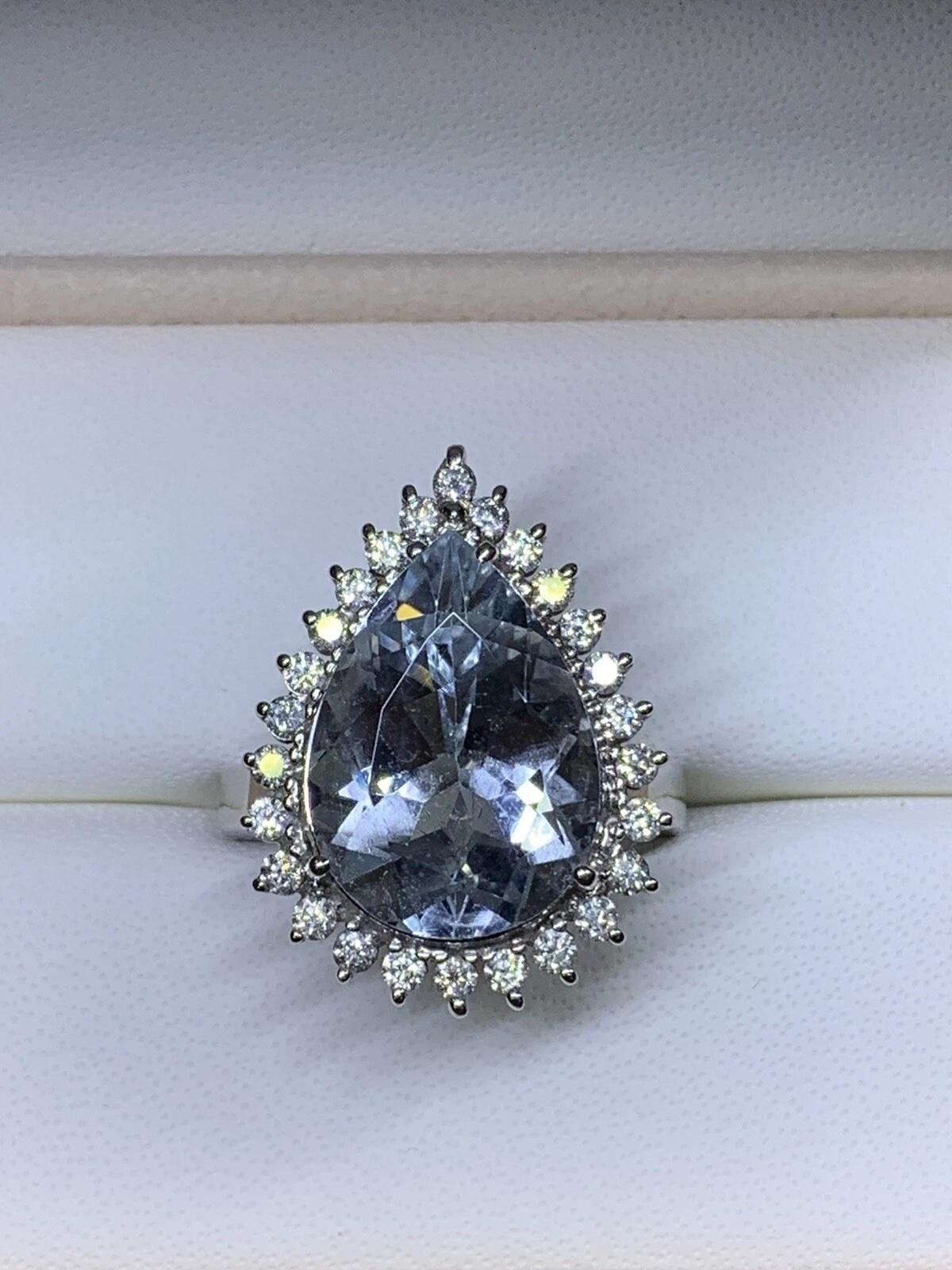 11.68ct Aquamarine Pear shape and diamonds engagement cocktail ring in 18k gold. For Sale 3