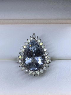 11.68ct Aquamarine Pear shape and diamonds engagement cocktail ring in 18k gold.