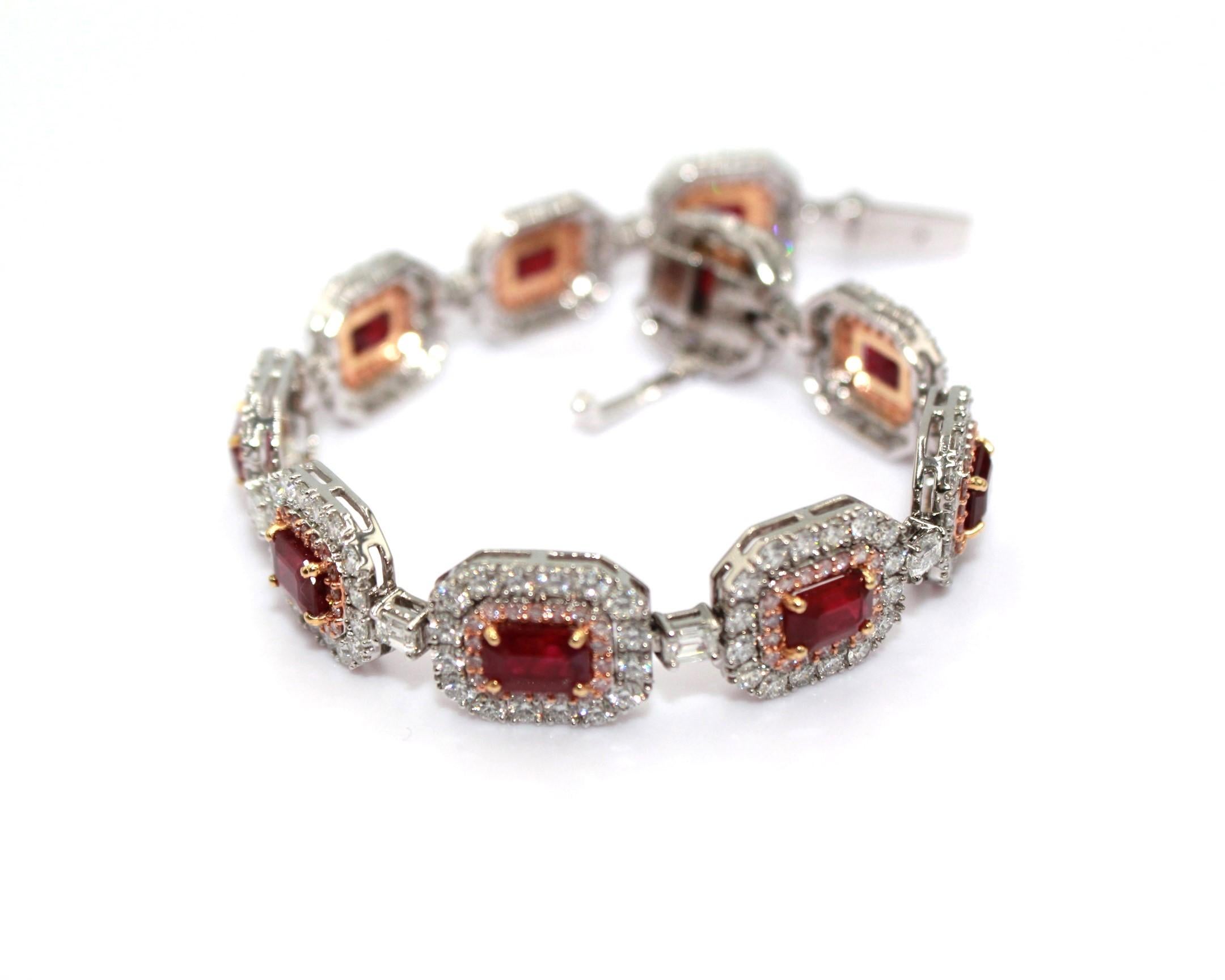 11,69 Karat Burma-Rubin- und Diamant-Armband (Smaragdschliff) im Angebot