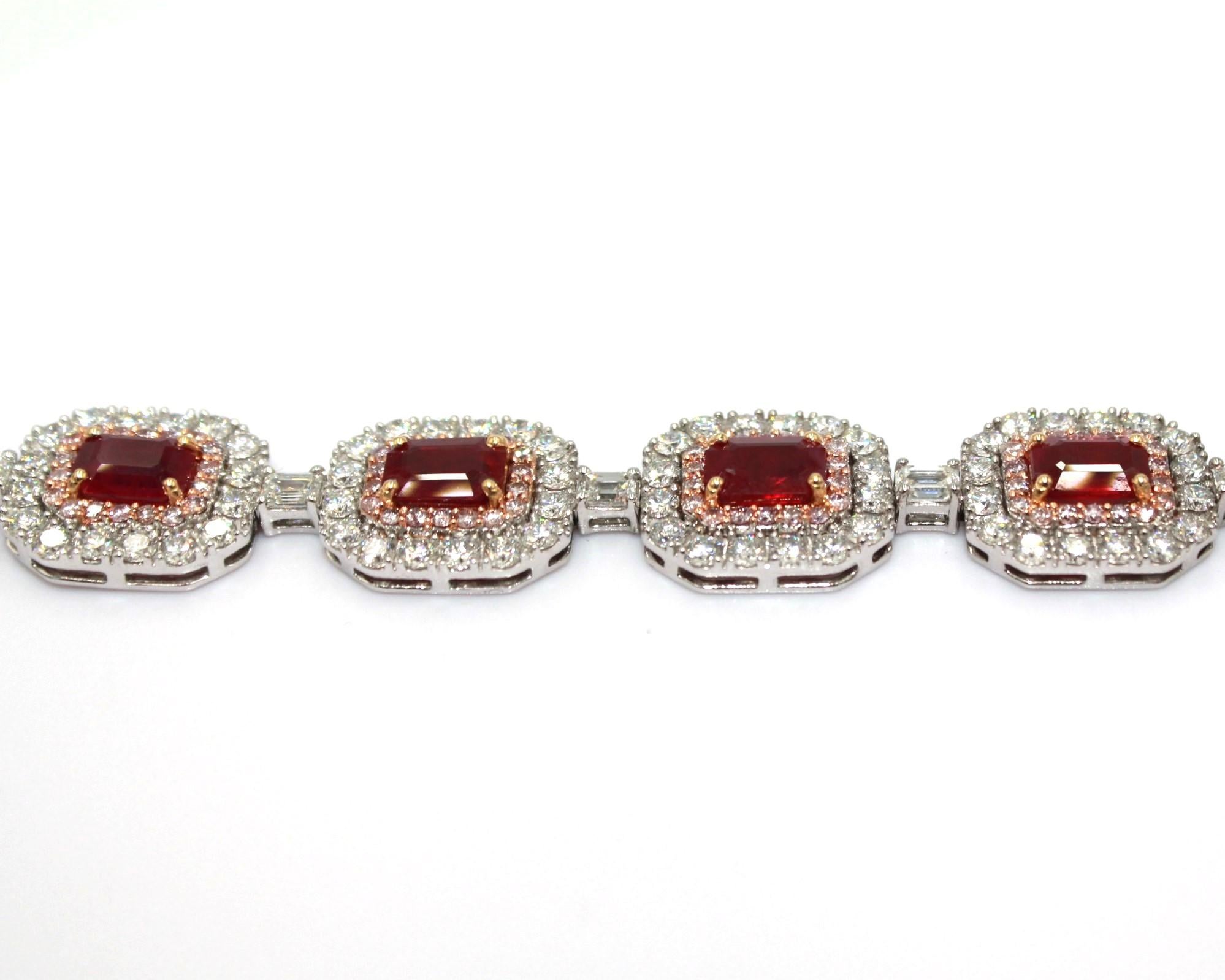 11.69 Carat Burma Ruby & Natural Pink Diamond Bracelet In New Condition For Sale In New York, NY
