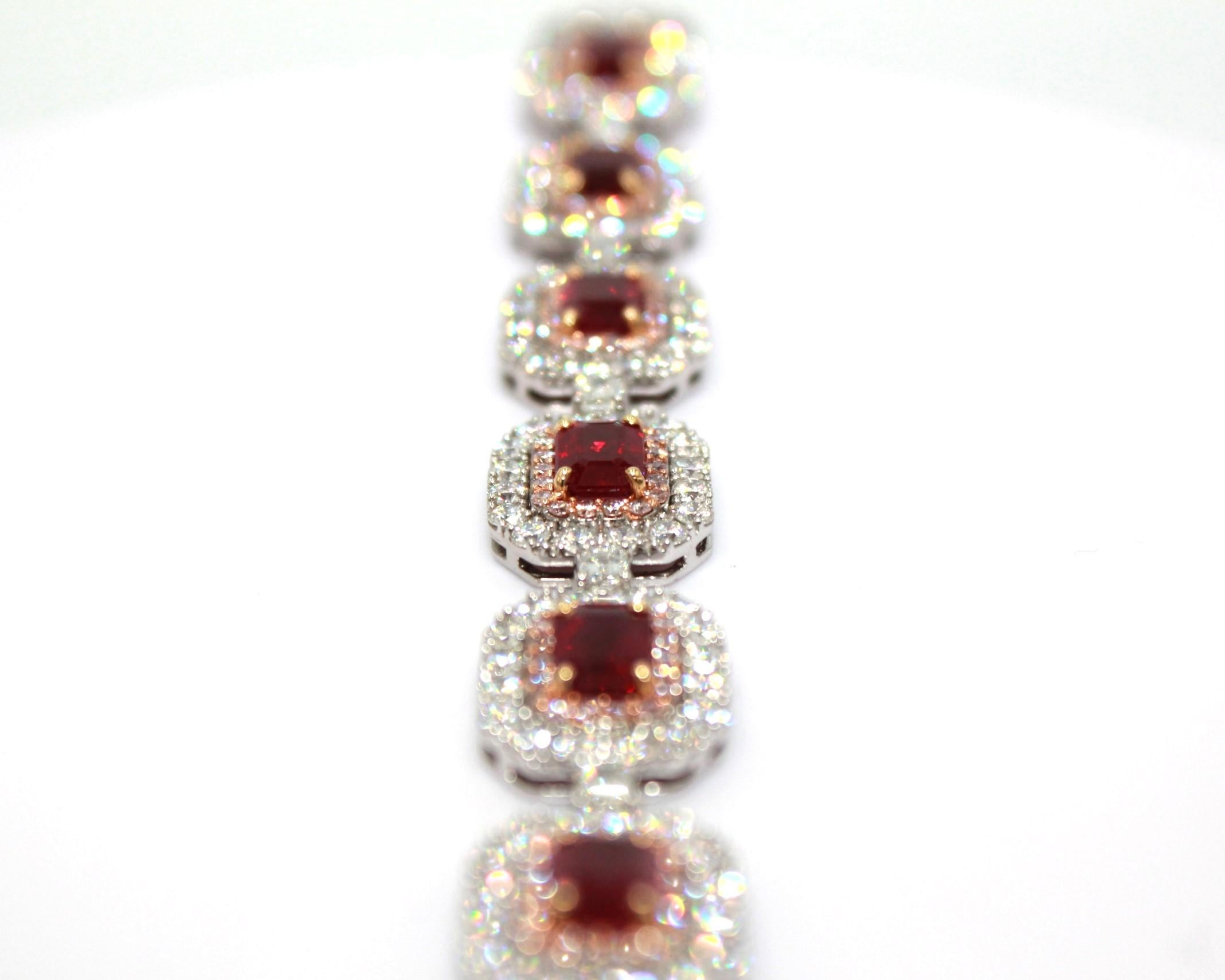 Women's 11.69 Carat Burma Ruby & Natural Pink Diamond Bracelet For Sale