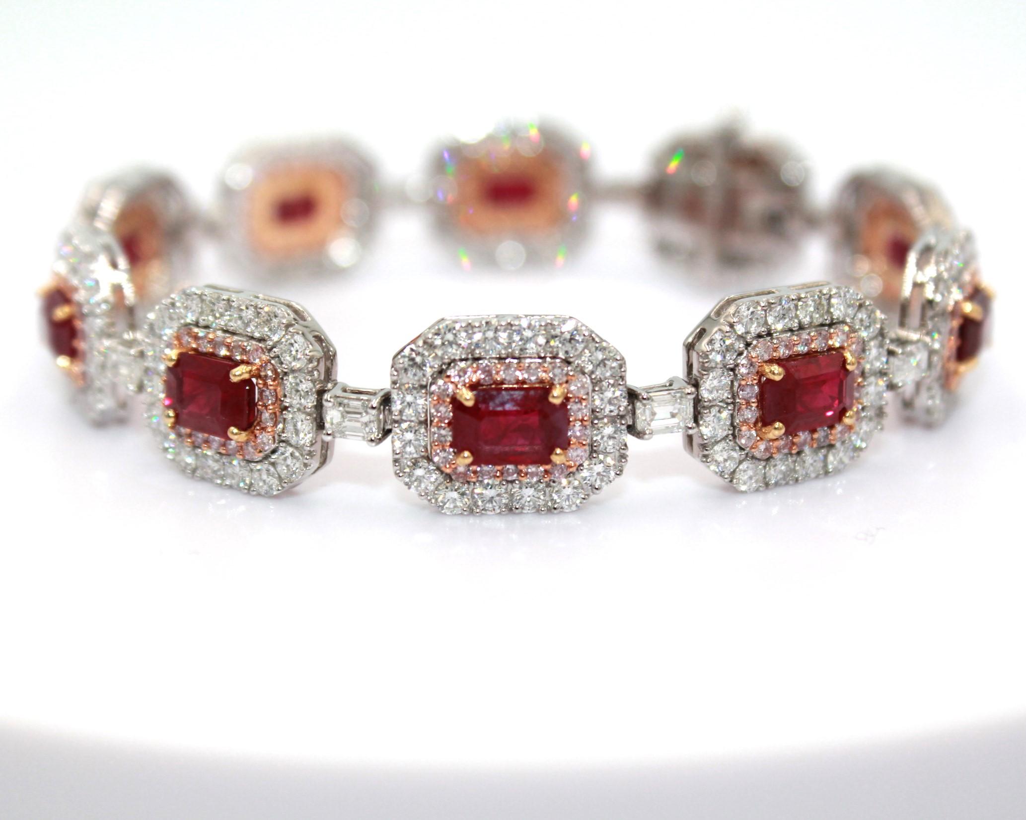 11.69 Carat Burma Ruby & Natural Pink Diamond Bracelet For Sale 2
