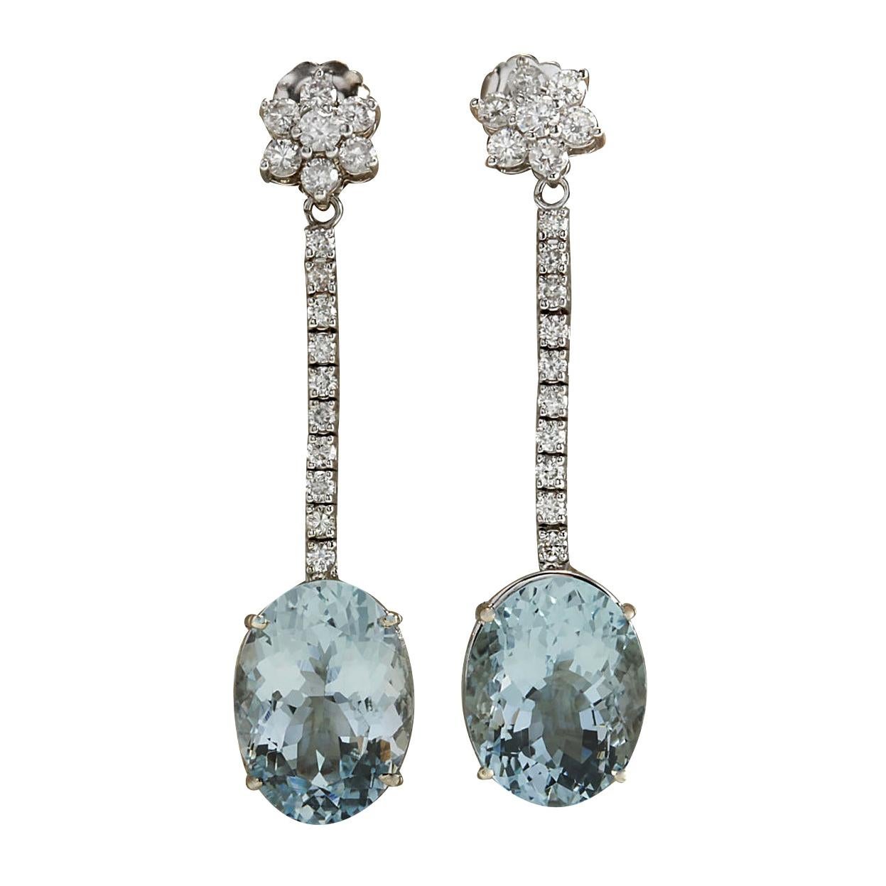 Natural Aquamarine Diamond Earrings In 14 Karat White Gold  For Sale