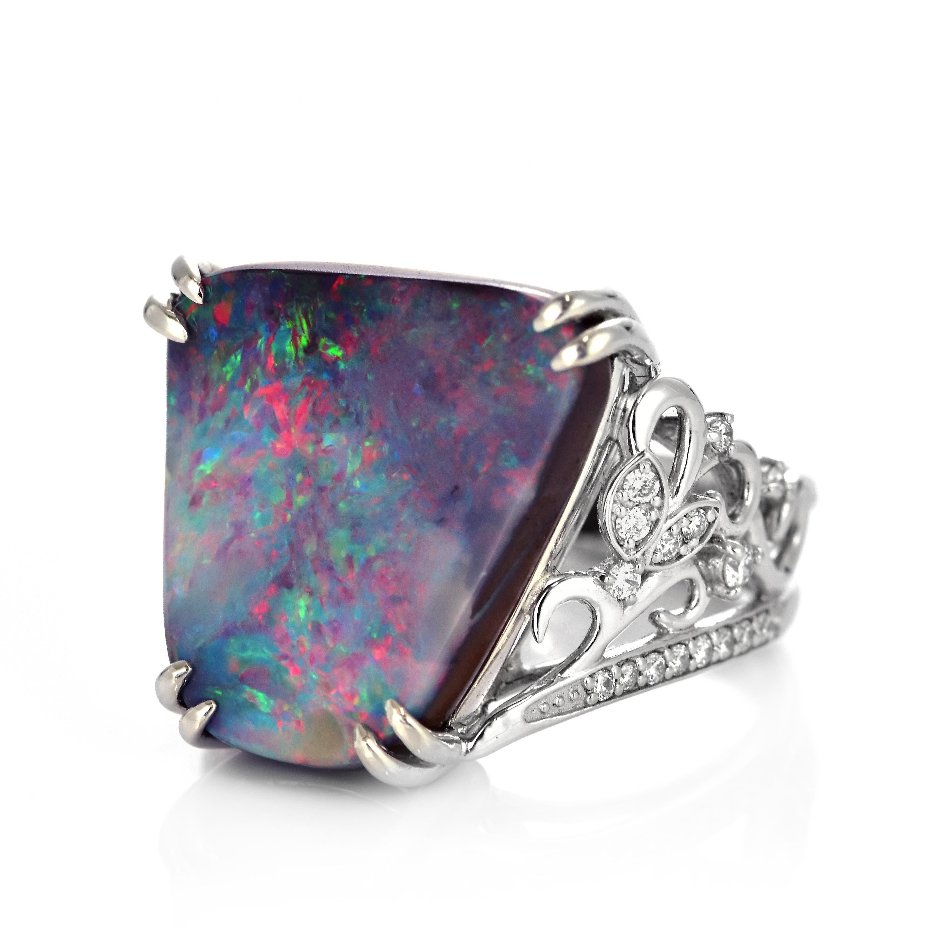 Modern 11.69 Carat Natural Australian Boulder Opal and Diamond Ring Made in Platinum For Sale
