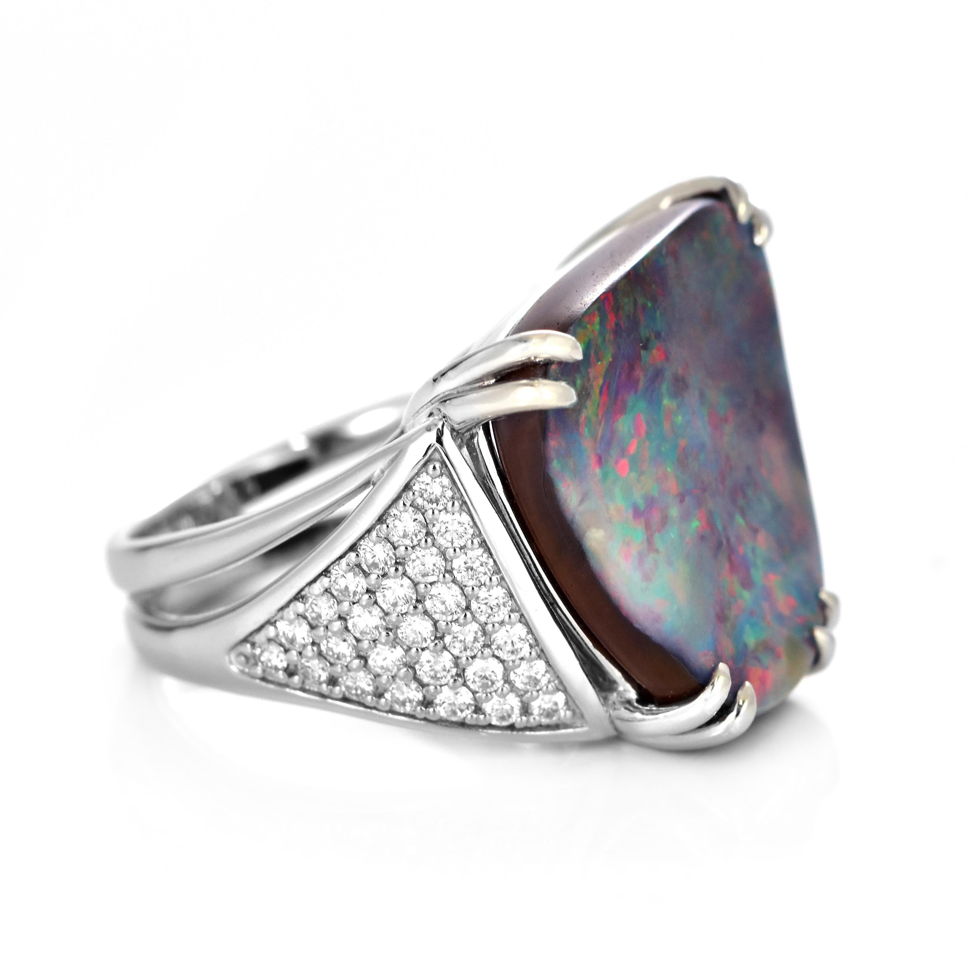 Rough Cut 11.69 Carat Natural Australian Boulder Opal and Diamond Ring Made in Platinum For Sale