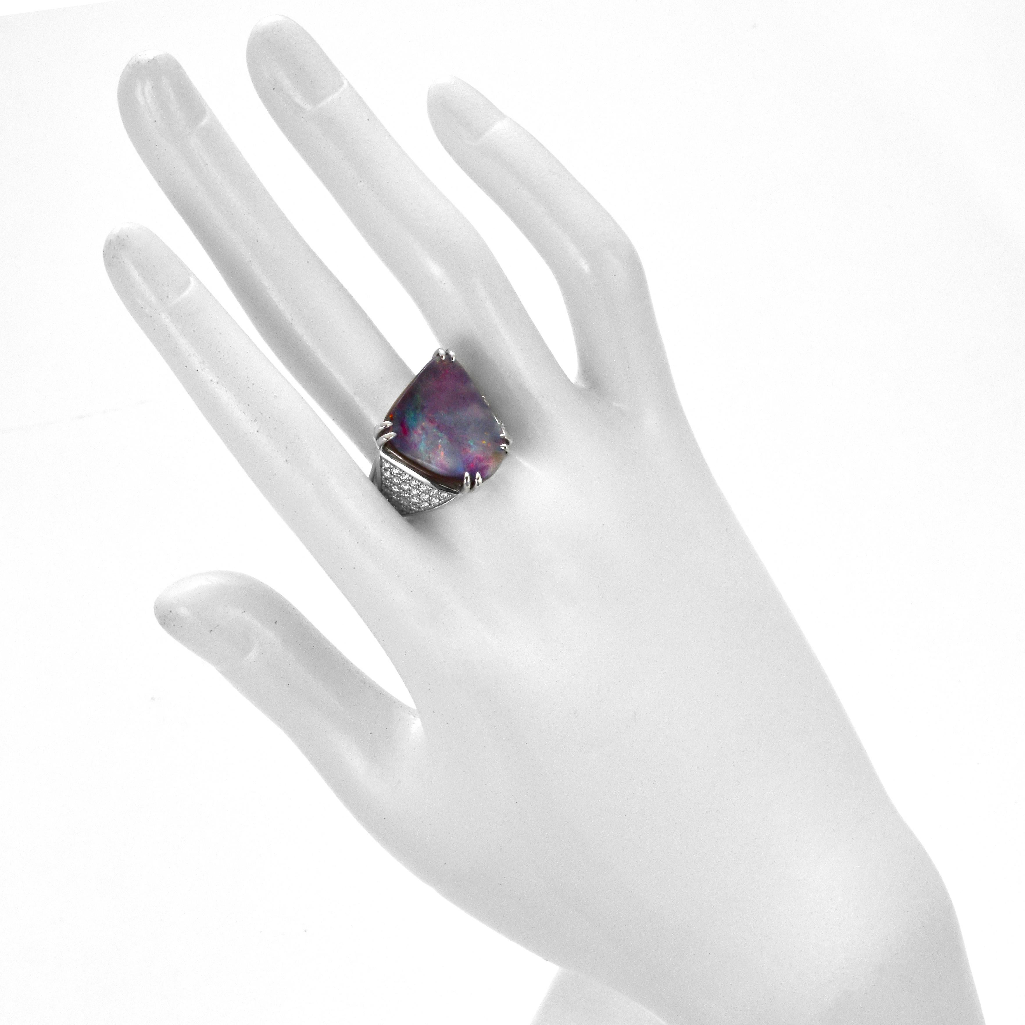 Women's 11.69 Carat Natural Australian Boulder Opal and Diamond Ring Made in Platinum For Sale