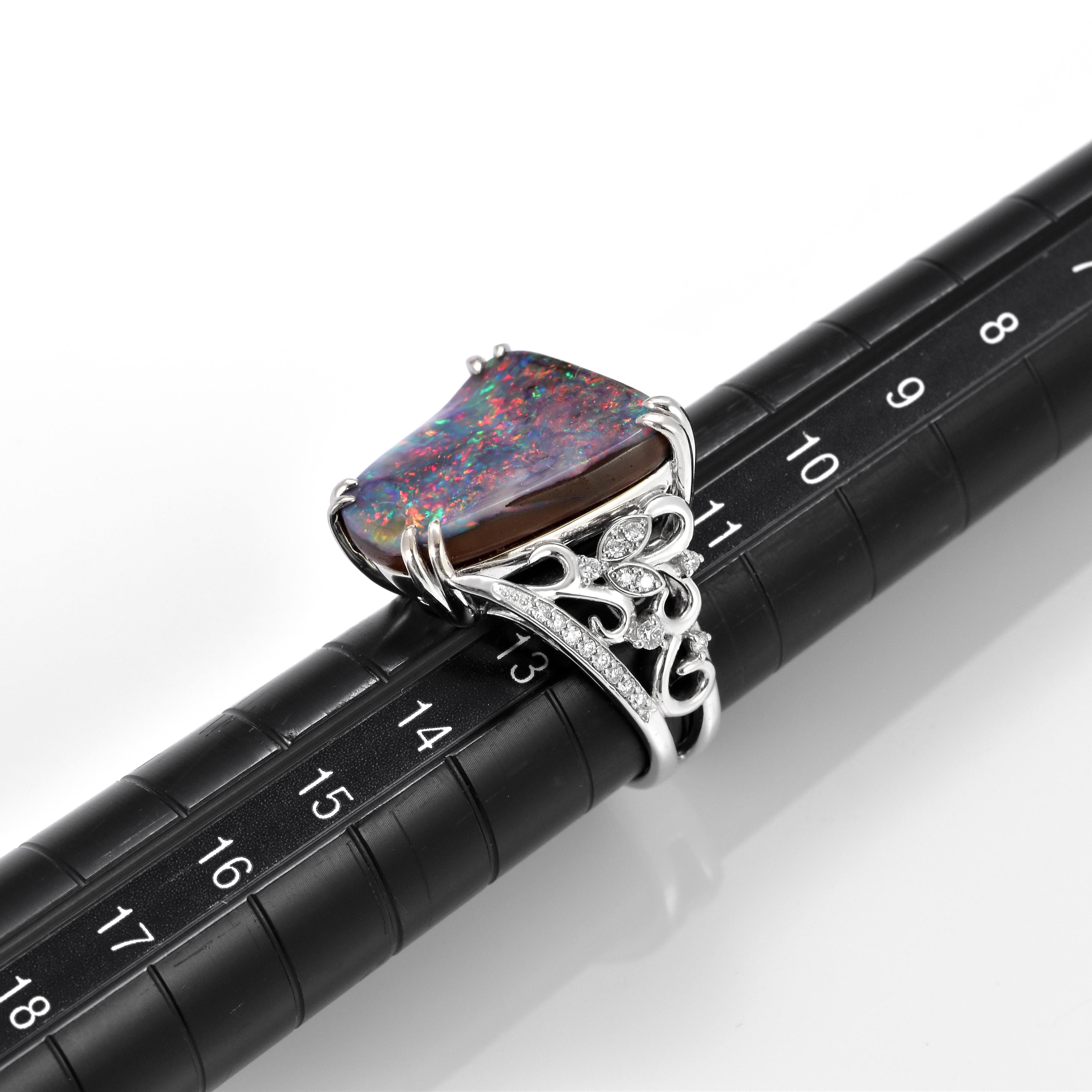 11.69 Carat Natural Australian Boulder Opal and Diamond Ring Made in Platinum For Sale 3