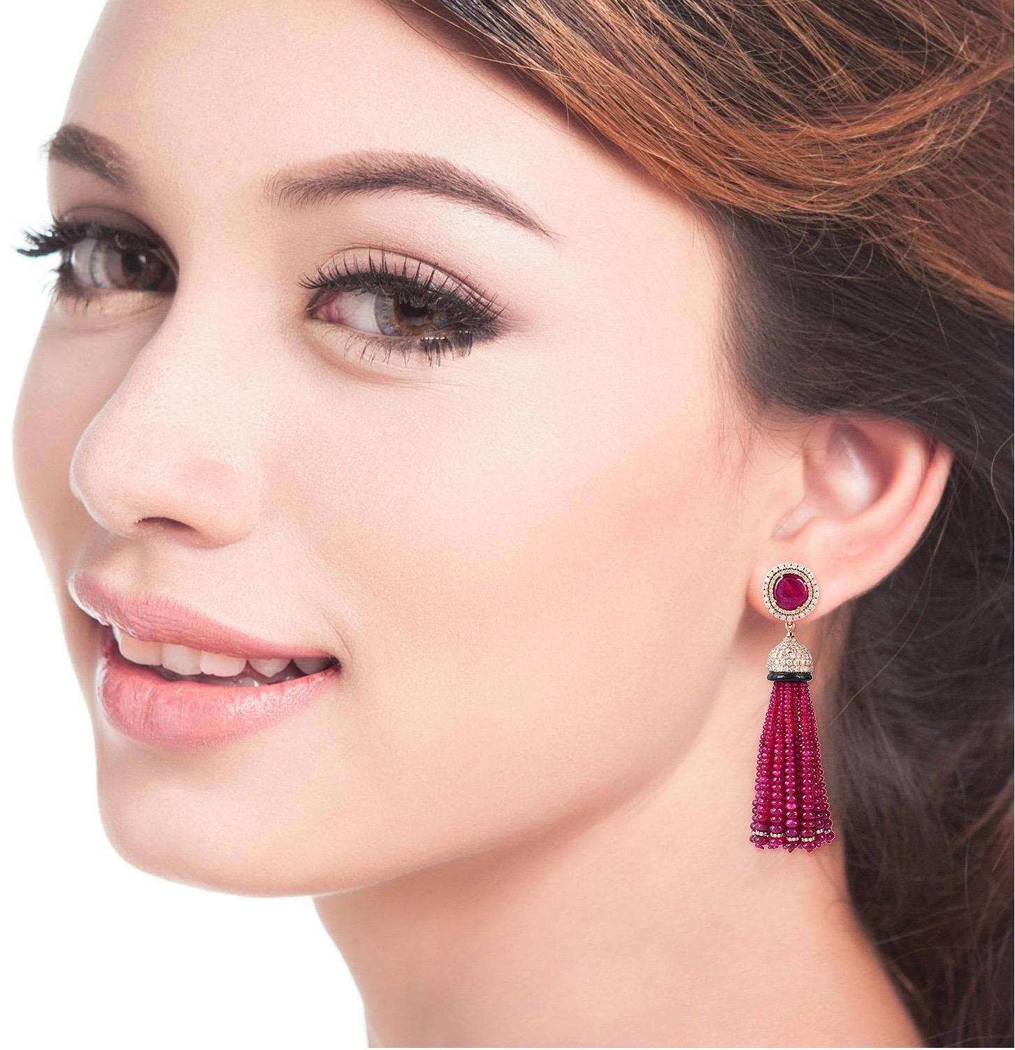 These stunning exceptional tassel earrings is handmade in 18-karat gold.  It is set with 116.9 carats ruby and 4.722 carats of glittering diamonds. 

FOLLOW  MEGHNA JEWELS storefront to view the latest collection & exclusive pieces.  Meghna Jewels