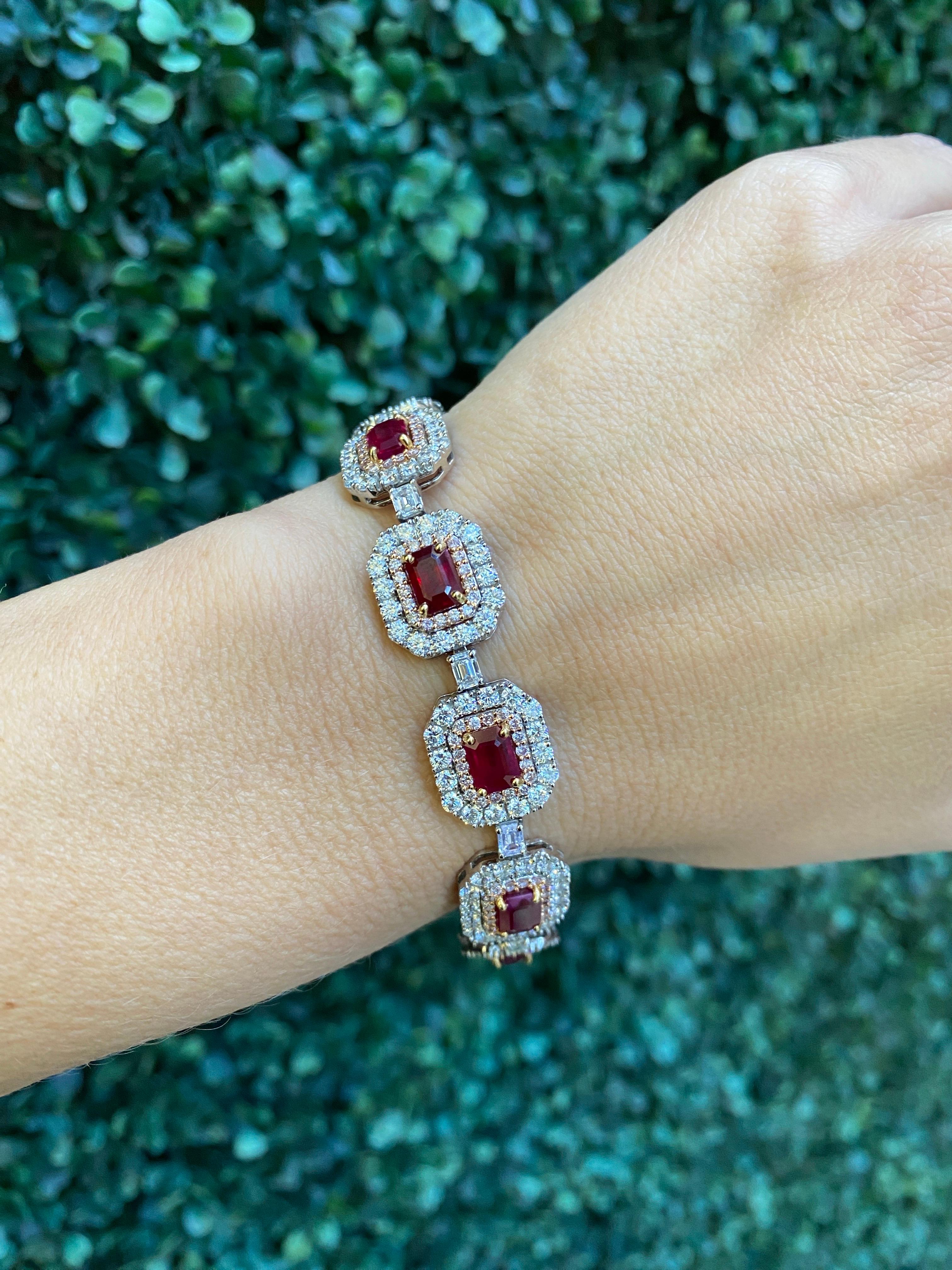 11.69ctw Emerald Cut Rubies and Diamond Link Bracelet, 18 Karat Gold For Sale 8