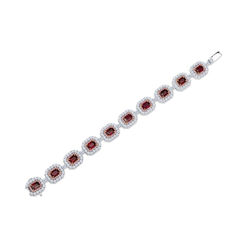 Elevate your style with this exquisite bracelet featuring vibrant rubies and brilliant diamonds. Crafted in luxurious 18 karat white and yellow gold, this piece boasts a stunning total weight of 11.69 carat total weight in rubies. They are accented
