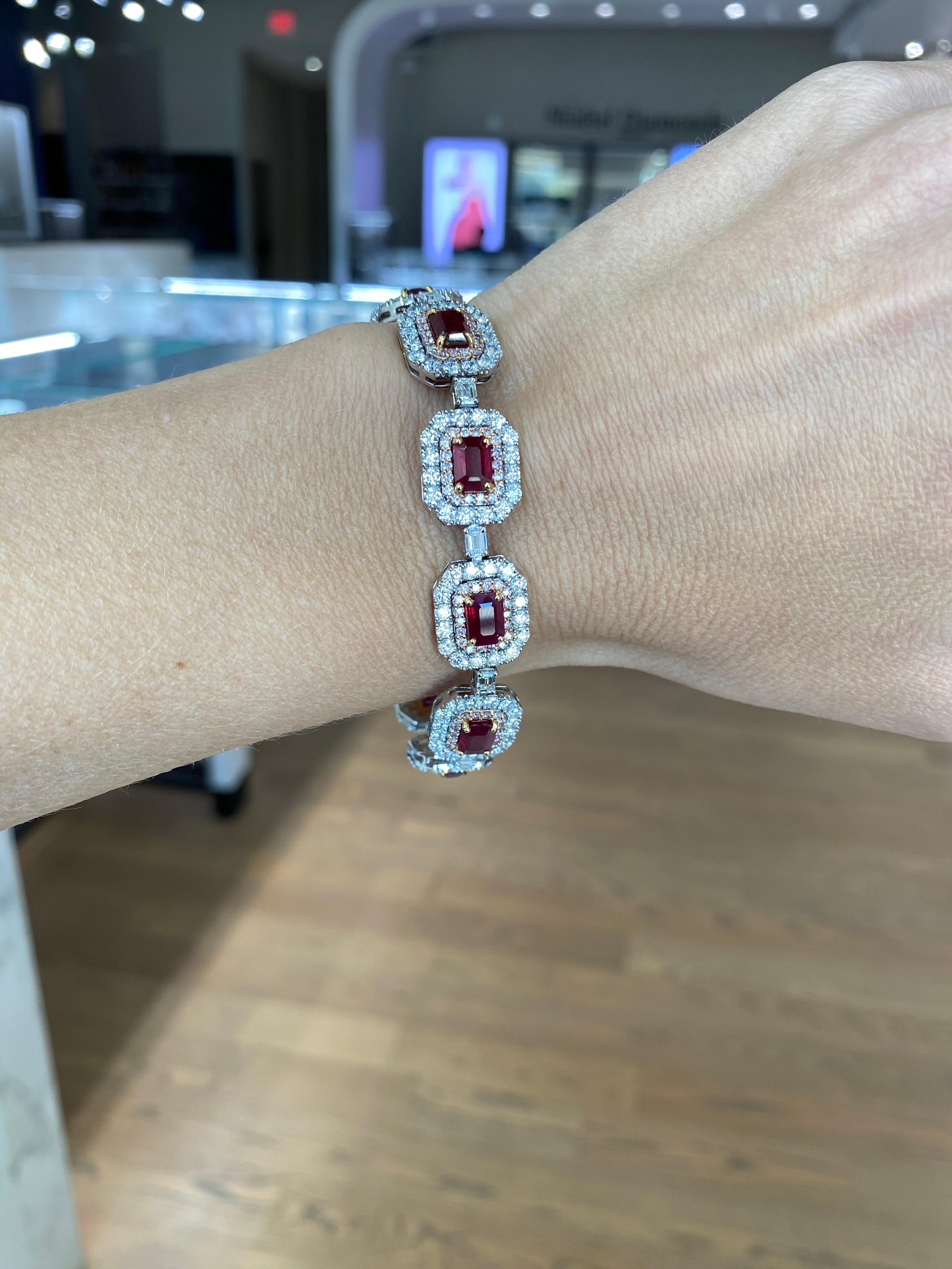 Women's or Men's 11.69ctw Emerald Cut Rubies and Diamond Link Bracelet, 18 Karat Gold For Sale