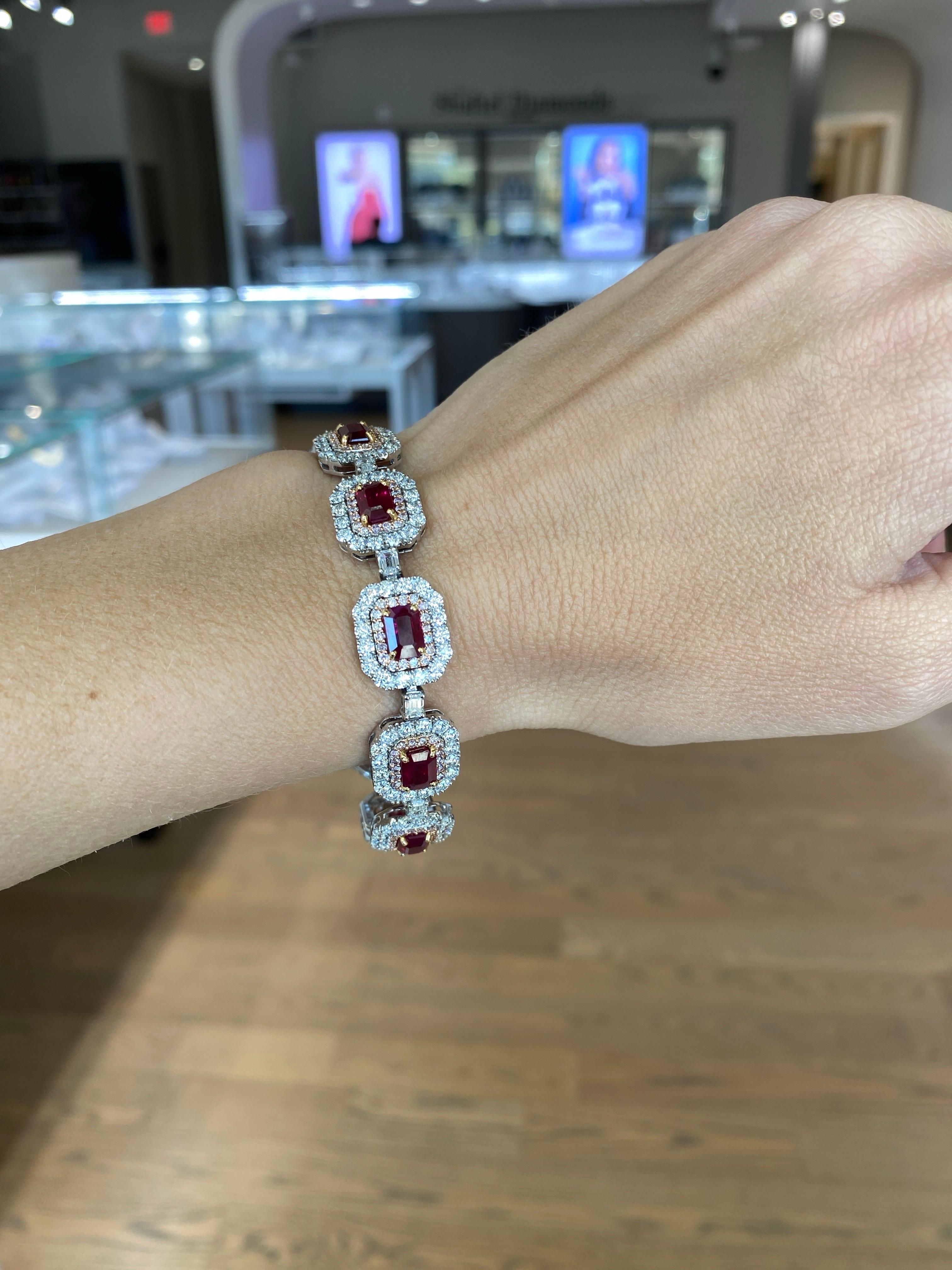 11.69ctw Emerald Cut Rubies and Diamond Link Bracelet, 18 Karat Gold For Sale 4