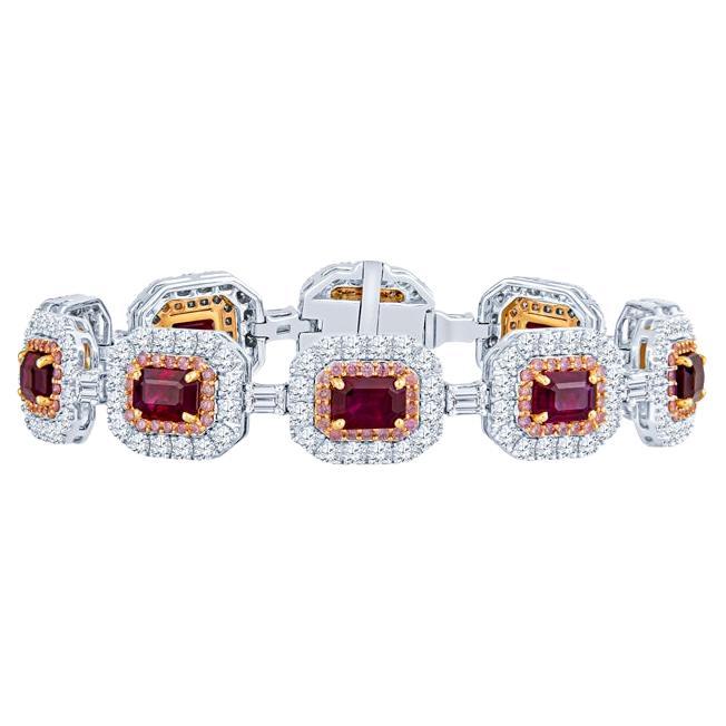 11.69ctw Emerald Cut Rubies and Diamond Link Bracelet, 18 Karat Gold For Sale