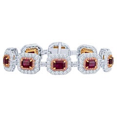 11.69ctw Emerald Cut Rubies and Diamond Link Bracelet, 18 Karat Gold